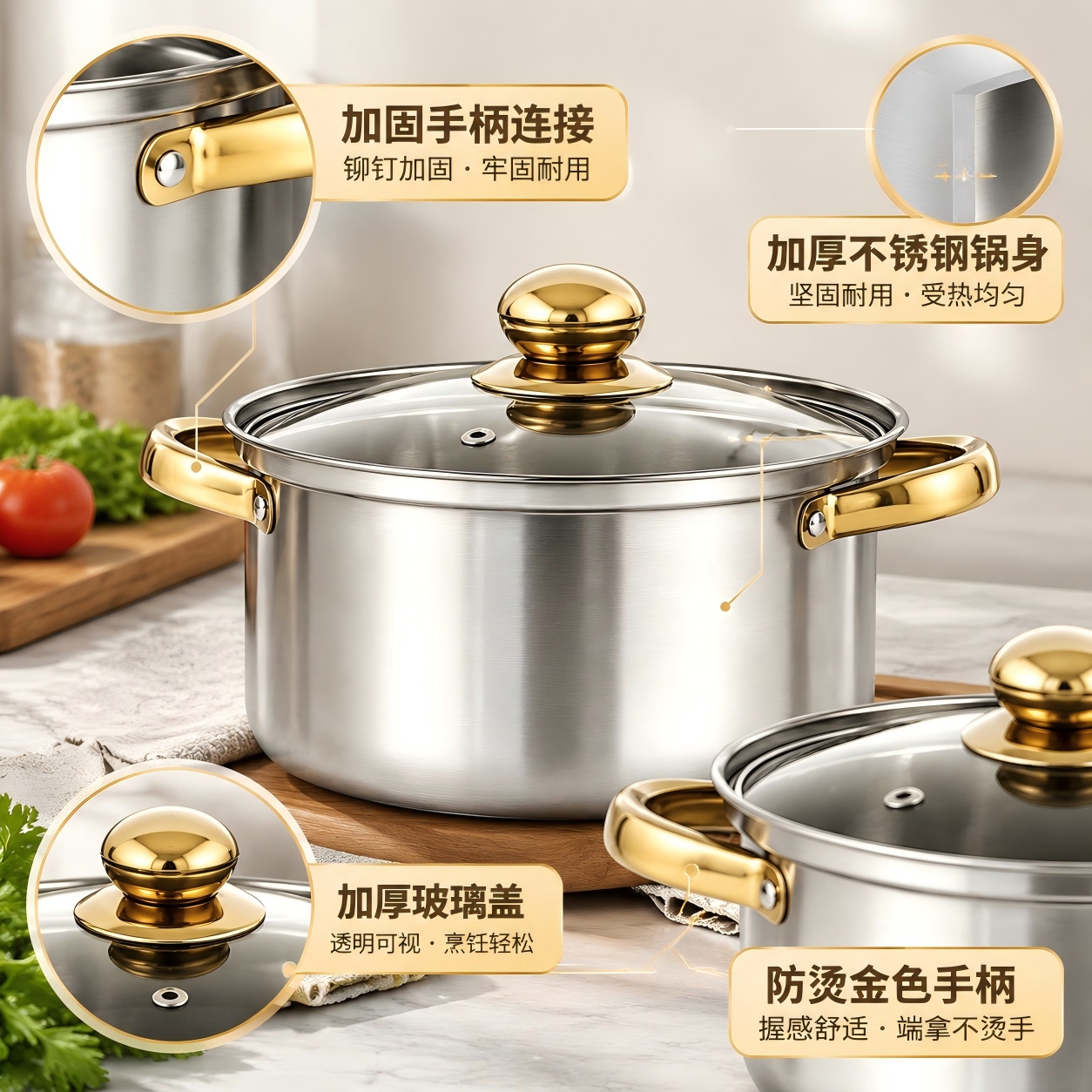 CGUCOOK Cross-border 12-piece stainless steel pot, multi-functional cookware, golden handle, stainless steel single handle milk pot, double-handled soup pot, frying pot, kettle, induction cooker, universal Application Scenario