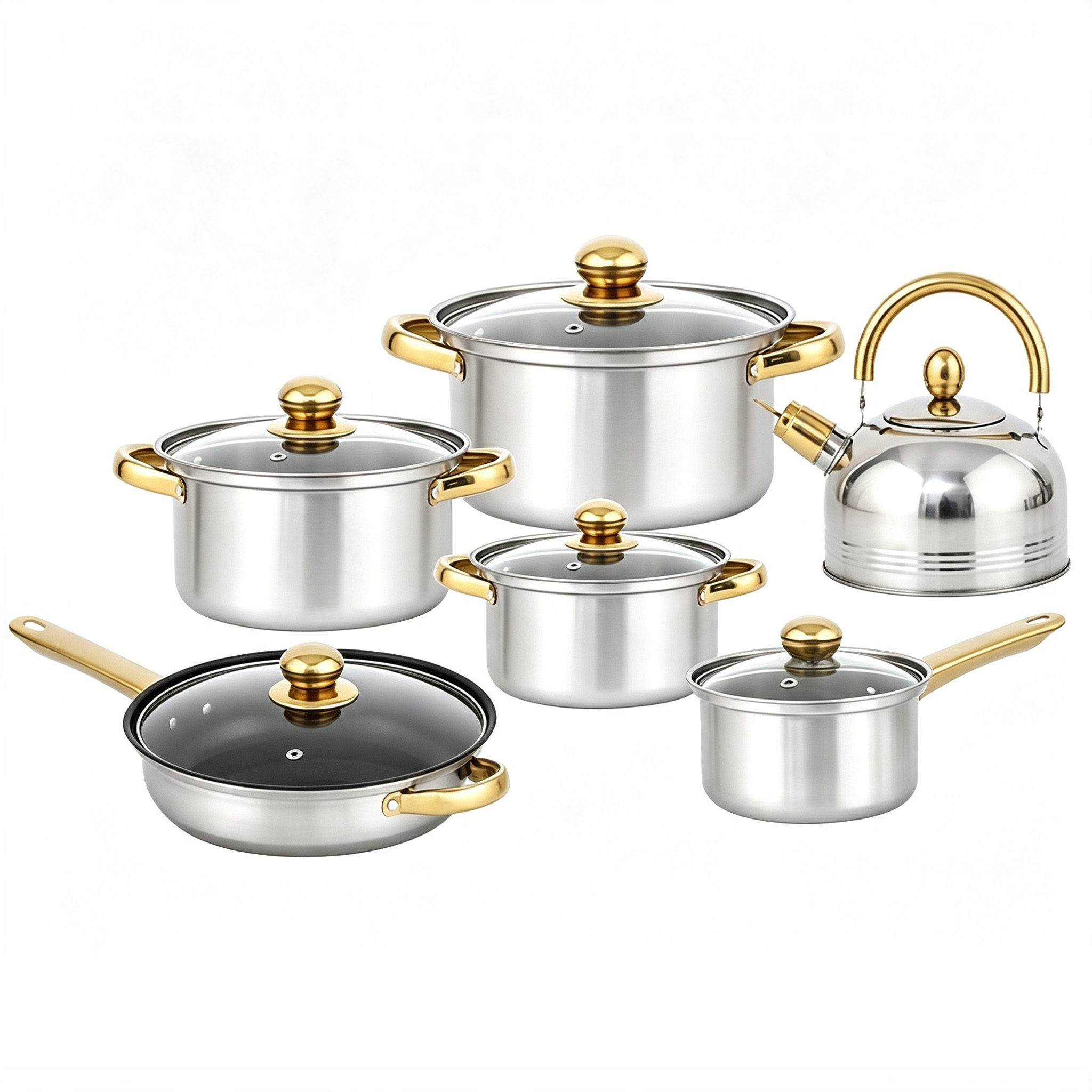 CGUCOOK Cross-border 12-piece stainless steel pot, multi-functional cookware, golden handle, stainless steel single handle milk pot, double-handled soup pot, frying pot, kettle, induction cooker, universal Item Picture