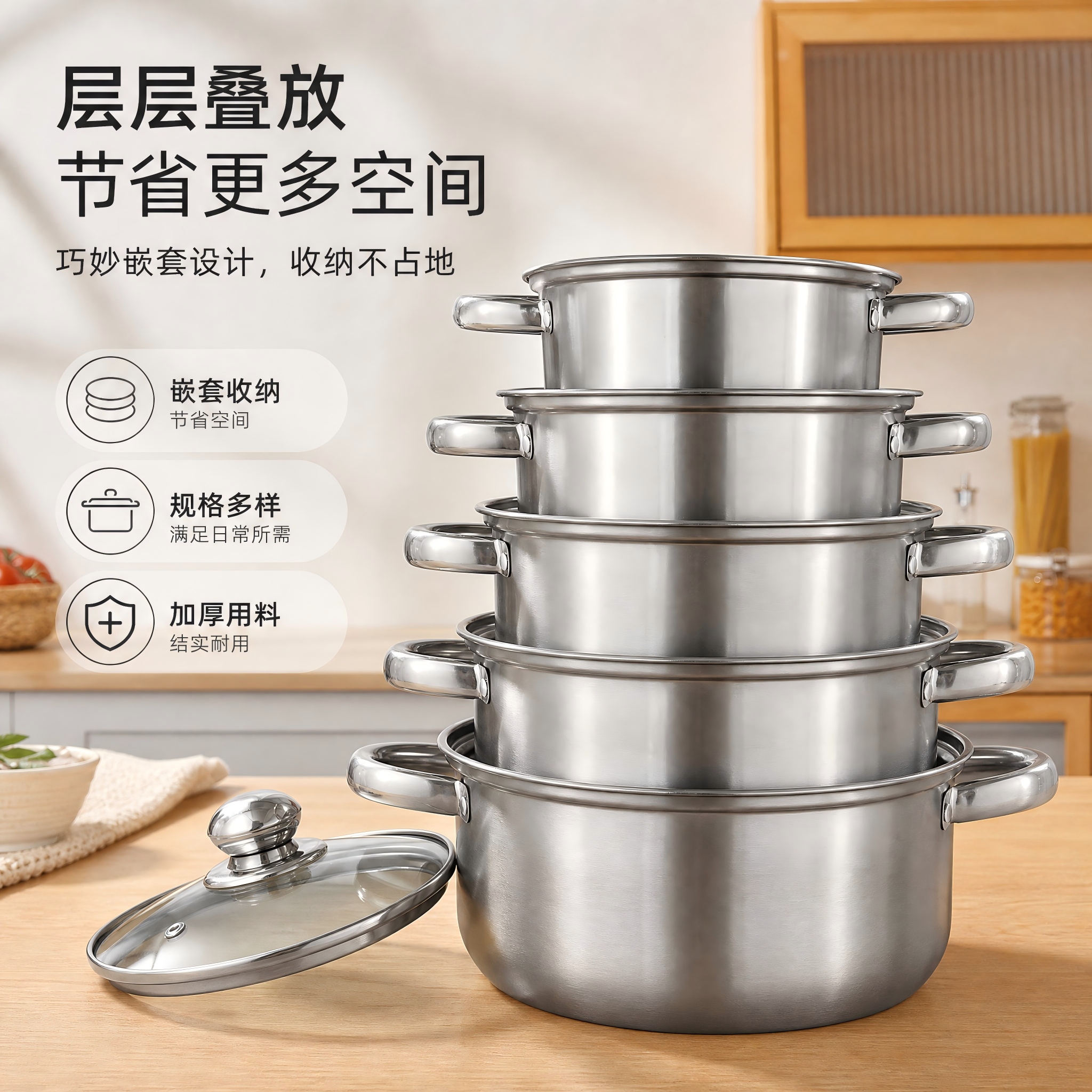 CGUCOOK Cross-border Foreign Trade Stainless Steel Cookware 10-piece Set, Silver double-ear stainless steel soup pot, household kitchen induction cooker universal set, 16-24cm Specification image