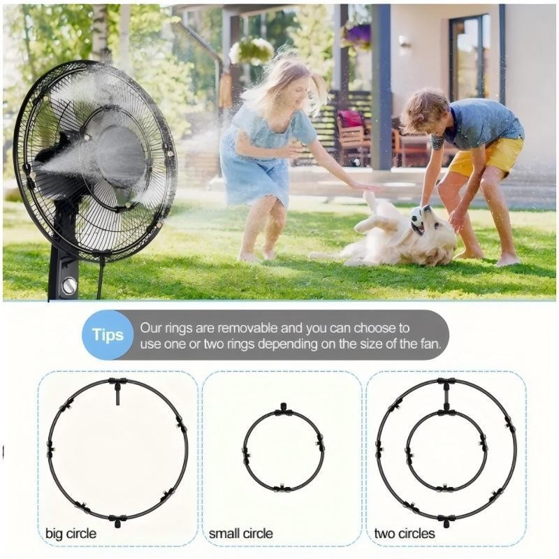 Dual-exhaust fan spray ring outdoor low-pressure atomization cooling kit, garden courtyard trampoline terrace cooling spray system Application Scenario