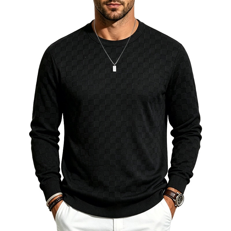 Cross-border men's wear spring and autumn checkerboard jacquard round-neck long-sleeved knitted sweater, checkered texture casual pullover Application Scenario