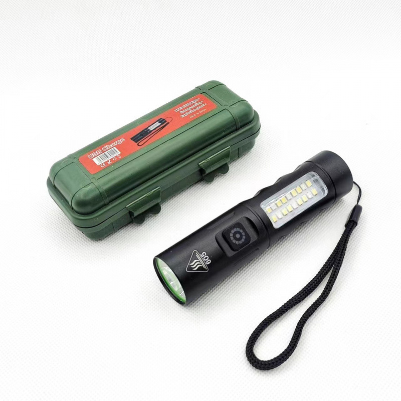 Multi-functional solar flashlight, retractable portable black LED handheld lamp, green storage box, small household appliance lighting tool