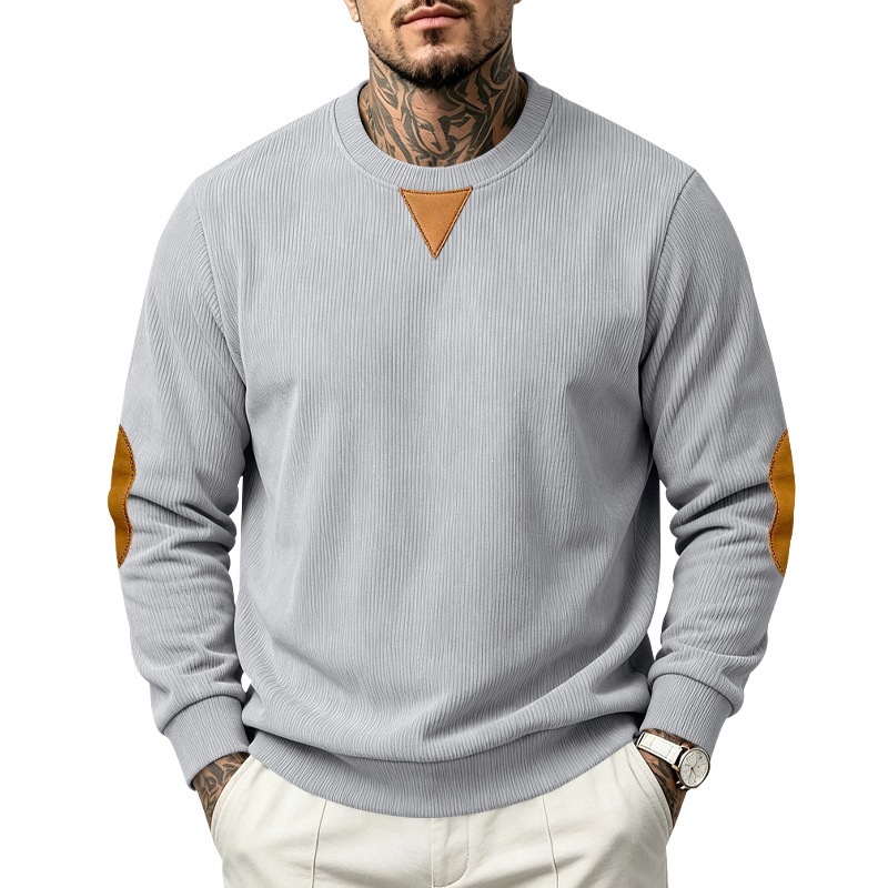 Cross-border men's corduroy long-sleeved hoodie, color-blocking triangular patch elbow patch round-neck casual pullover, European and American style Application Scenario