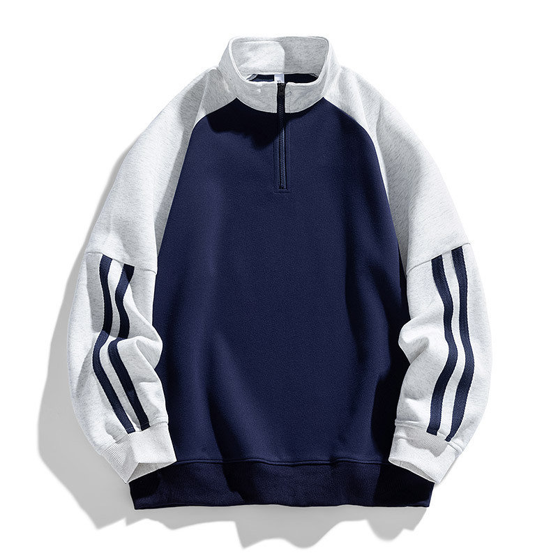 The half-zipper hoodie for men is a versatile and trendy brand for spring and autumn. It is a loose, color-blocked stand-up collar long-sleeved men's American-style top that is trendy Item Picture