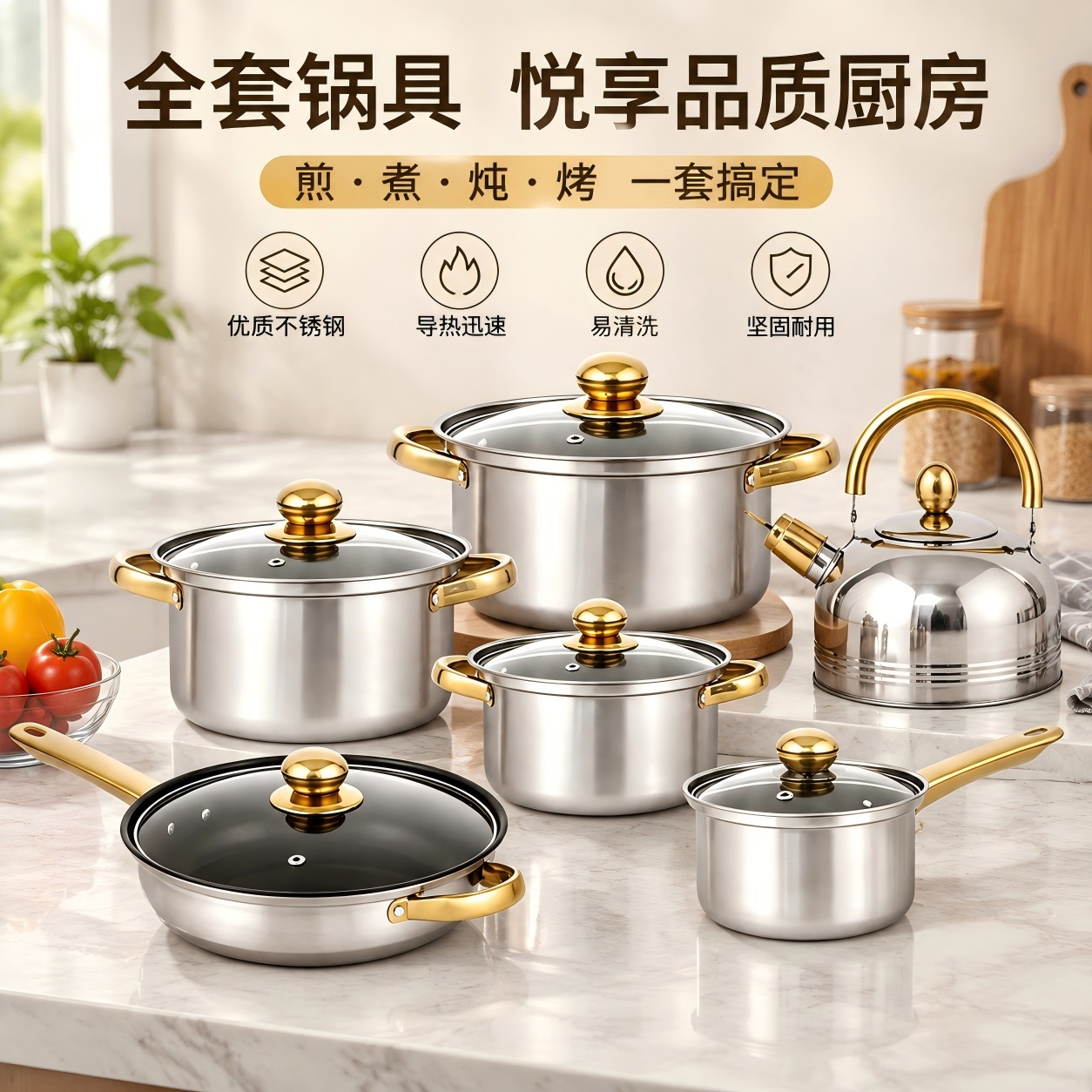 CGUCOOK Cross-border 12-piece stainless steel pot, multi-functional cookware, golden handle, stainless steel single handle milk pot, double-handled soup pot, frying pot, kettle, induction cooker, universal Specification image