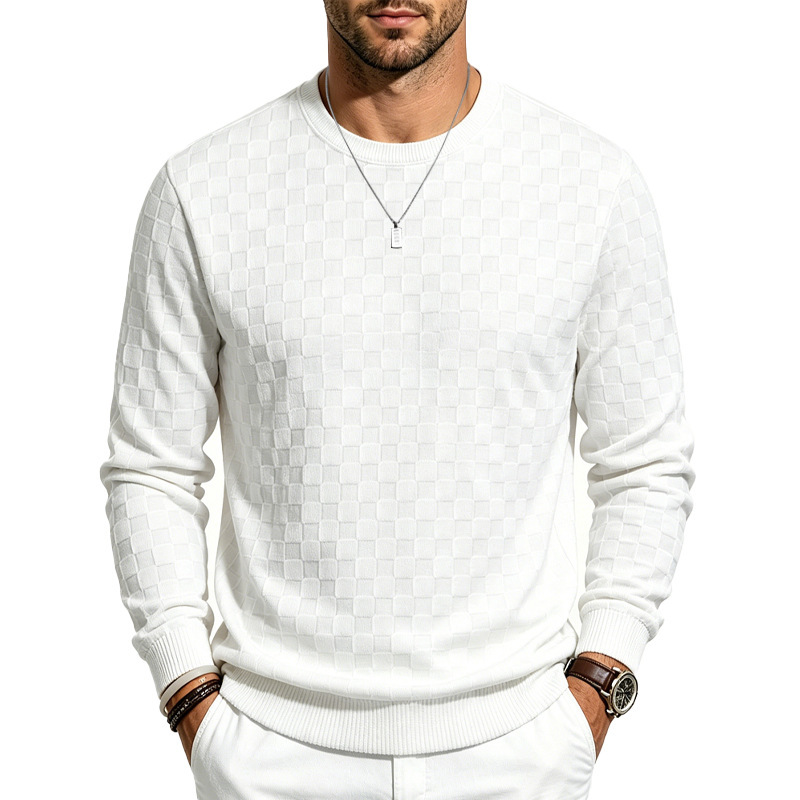 Cross-border men's wear spring and autumn checkerboard jacquard round-neck long-sleeved knitted sweater, checkered texture casual pullover Item Picture