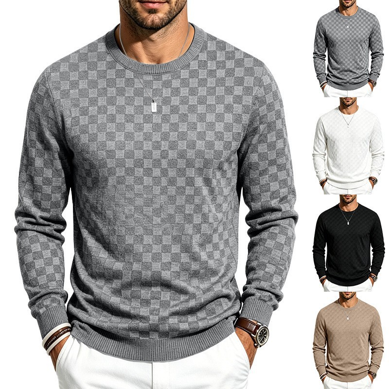 Cross-border men's wear spring and autumn checkerboard jacquard round-neck long-sleeved knitted sweater, checkered texture casual pullover
