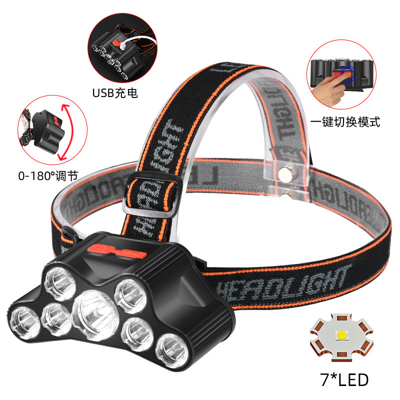New night fishing headlamp, outdoor strong light, multi-LED head-mounted USB charging headlamp, portable lighting flashlight