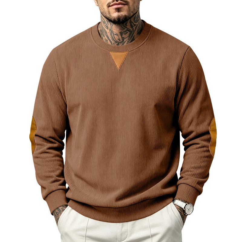 Cross-border men's corduroy long-sleeved hoodie, color-blocking triangular patch elbow patch round-neck casual pullover, European and American style Item Picture