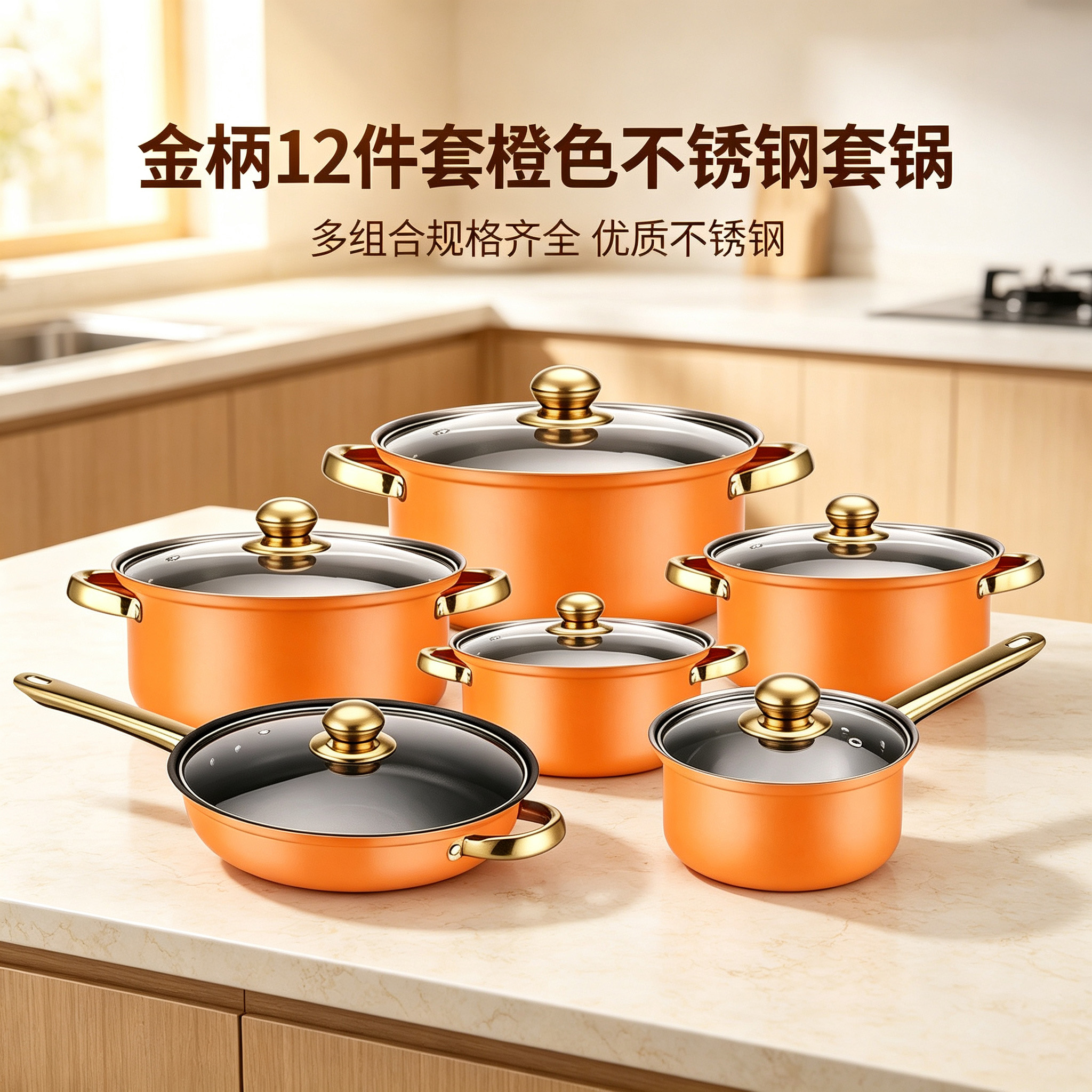 CGUCOOK Cross-border Bestseller Multi-functional Set 12-piece stainless steel pot cooking pot, stainless steel milk pot, double-handled soup pot, frying pot, golden handle cookware available in red, blue, pink and orange Specification image