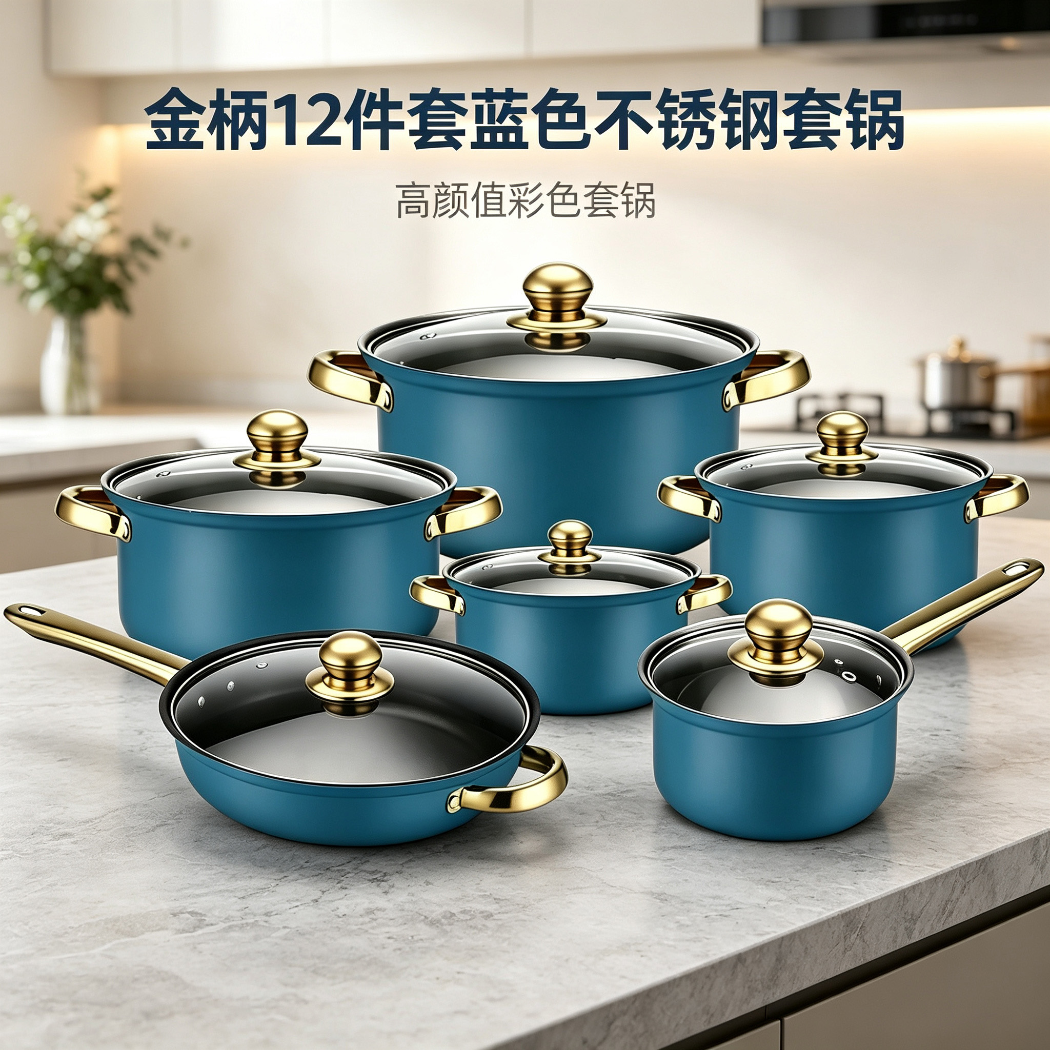 CGUCOOK Cross-border Bestseller Multi-functional Set 12-piece stainless steel pot cooking pot, stainless steel milk pot, double-handled soup pot, frying pot, golden handle cookware available in red, blue, pink and orange Application Scenario