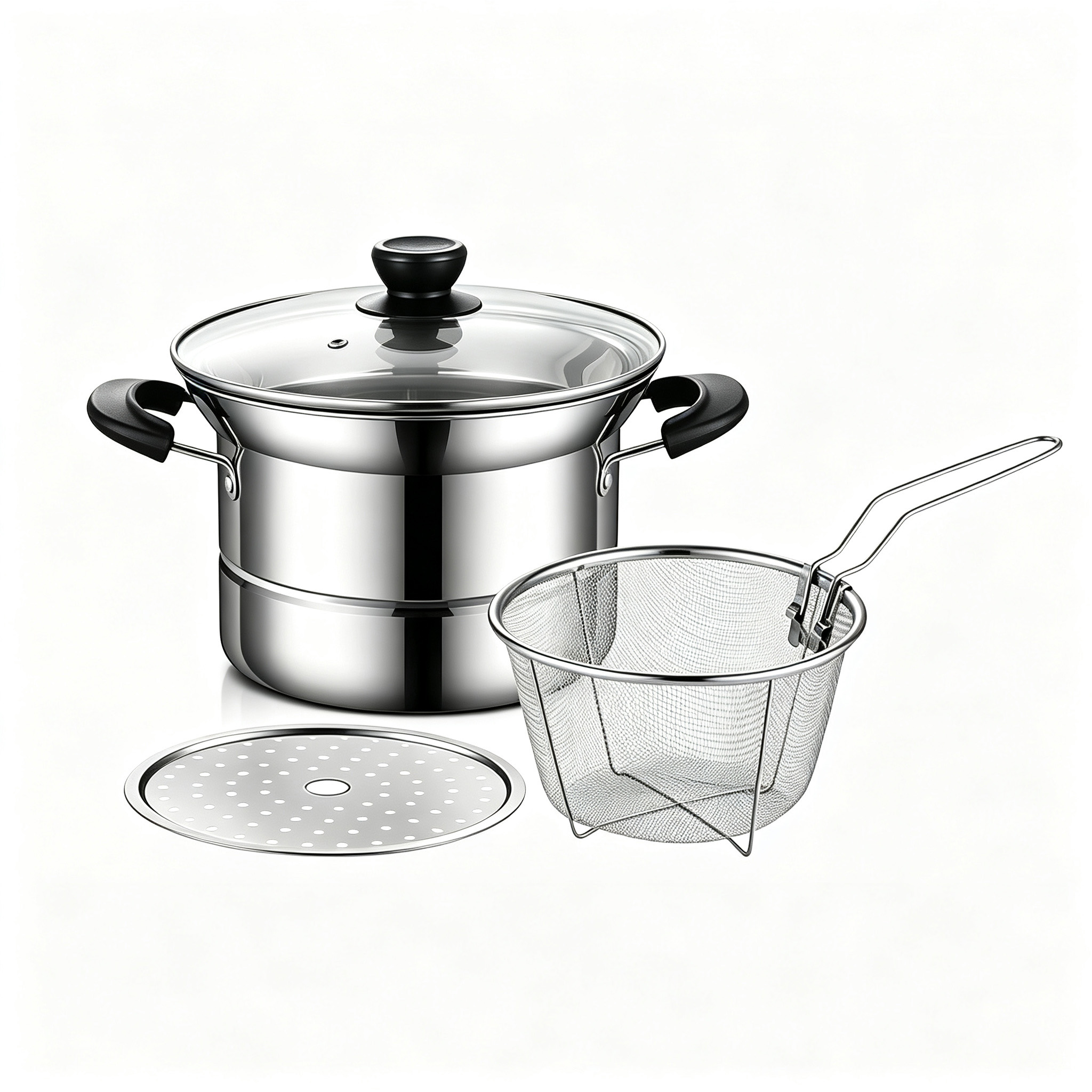 CGUCOOK stainless steel 4-piece cookware set: Soup pot, 22cm noodle pot, steamer, deep fryer, multi-functional cooking pot with frying basket, practical Application Scenario