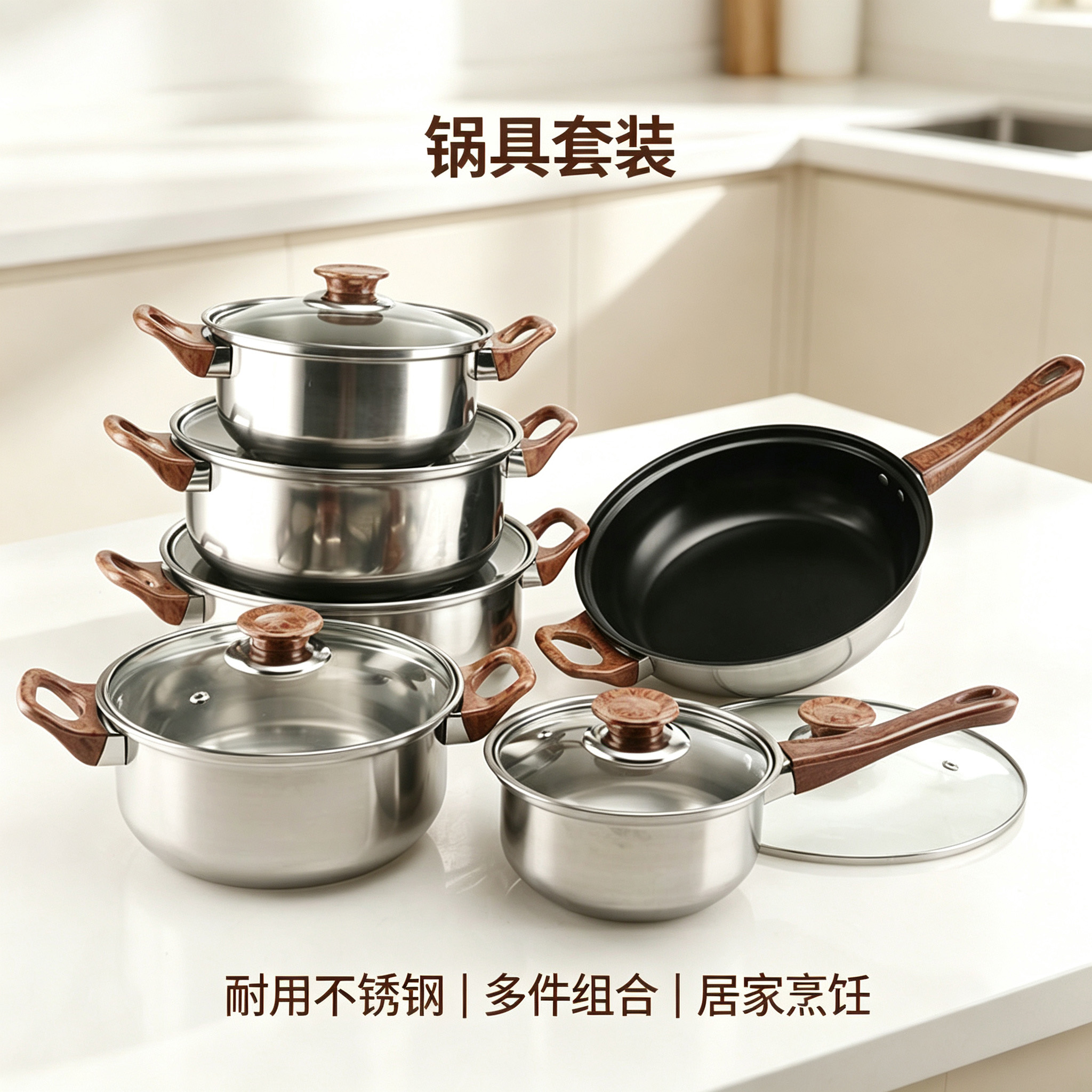CGUCOOK Cross-border Stainless Steel Cookware with wood grain handle 12-piece set, stainless steel pot set, milk pot, soup pot, flat pot, practical household pot Specification image