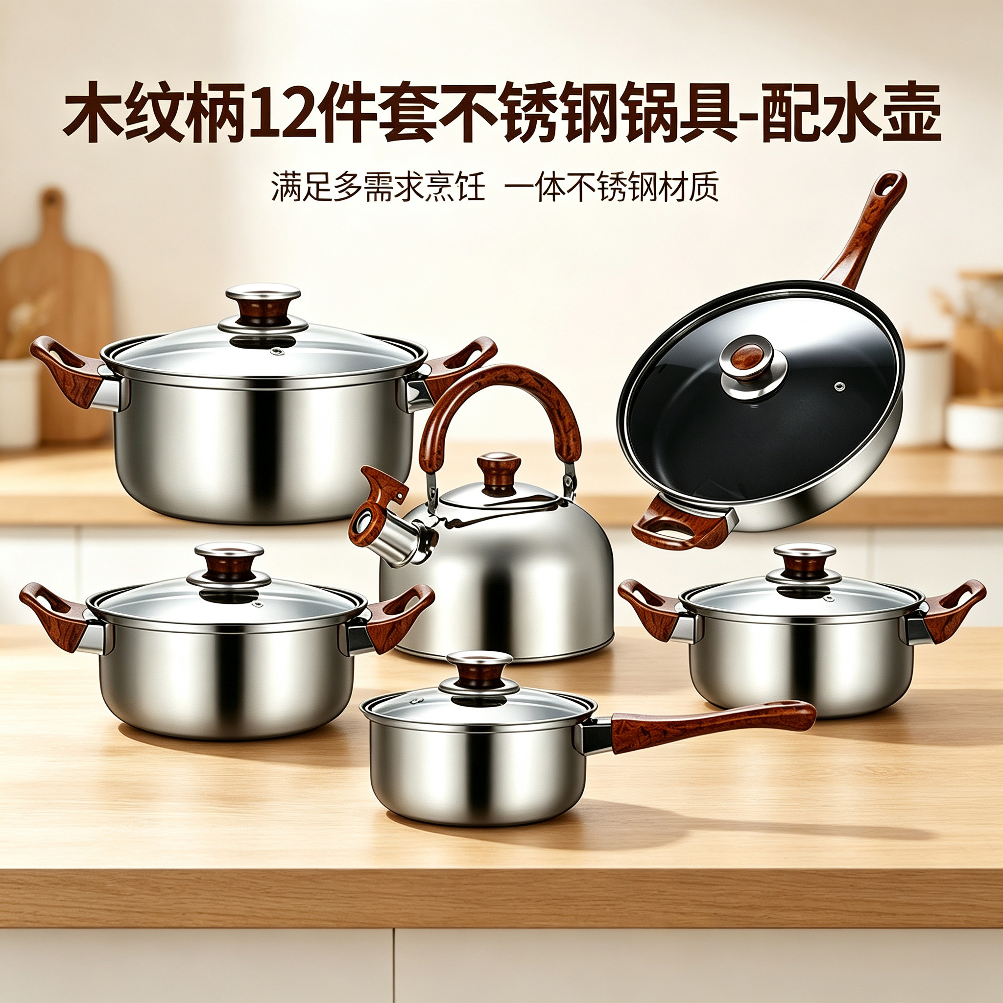 CGUCOOK's best-selling stainless steel cookware set for foreign trade, 12-piece set with wood-grain handles, combination pot, kettle, milk pot, soup pot, non-stick frying pan