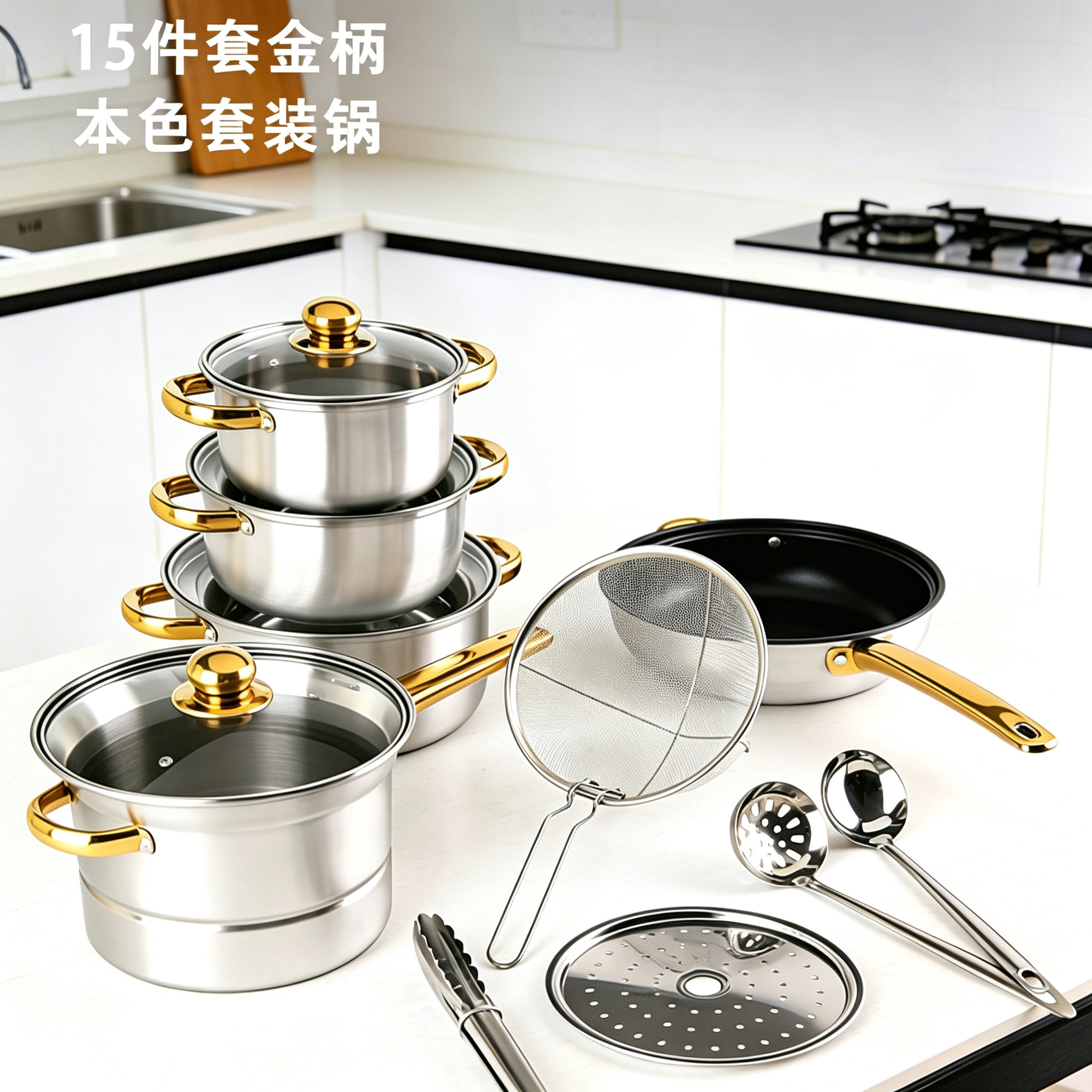 CGUCOOK Cross-border 15-piece stainless steel pot set, household multi-functional frying, stir-frying, deep-frying and soup pot, universal non-stick pan with gold handle stainless steel set Specification image
