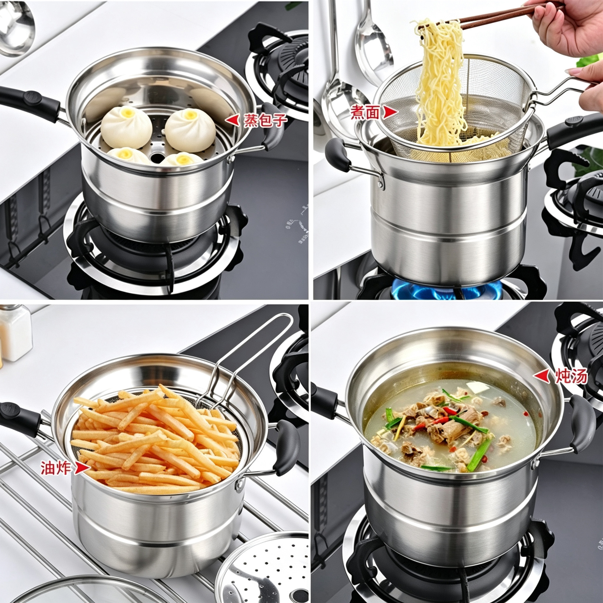 CGUCOOK stainless steel 4-piece cookware set: Soup pot, 22cm noodle pot, steamer, deep fryer, multi-functional cooking pot with frying basket, practical Specification image