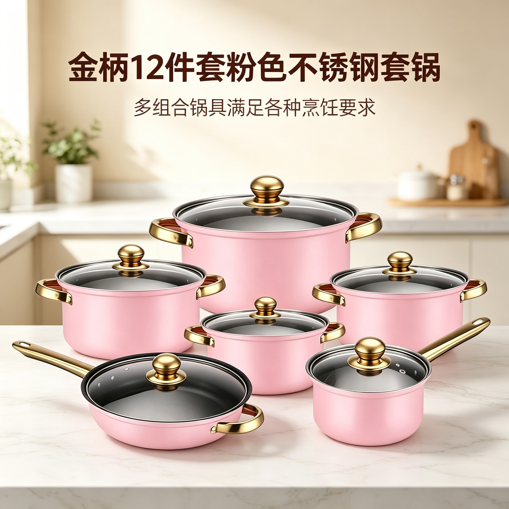 CGUCOOK Cross-border Bestseller Multi-functional Set 12-piece stainless steel pot cooking pot, stainless steel milk pot, double-handled soup pot, frying pot, golden handle cookware available in red, blue, pink and orange details Picture