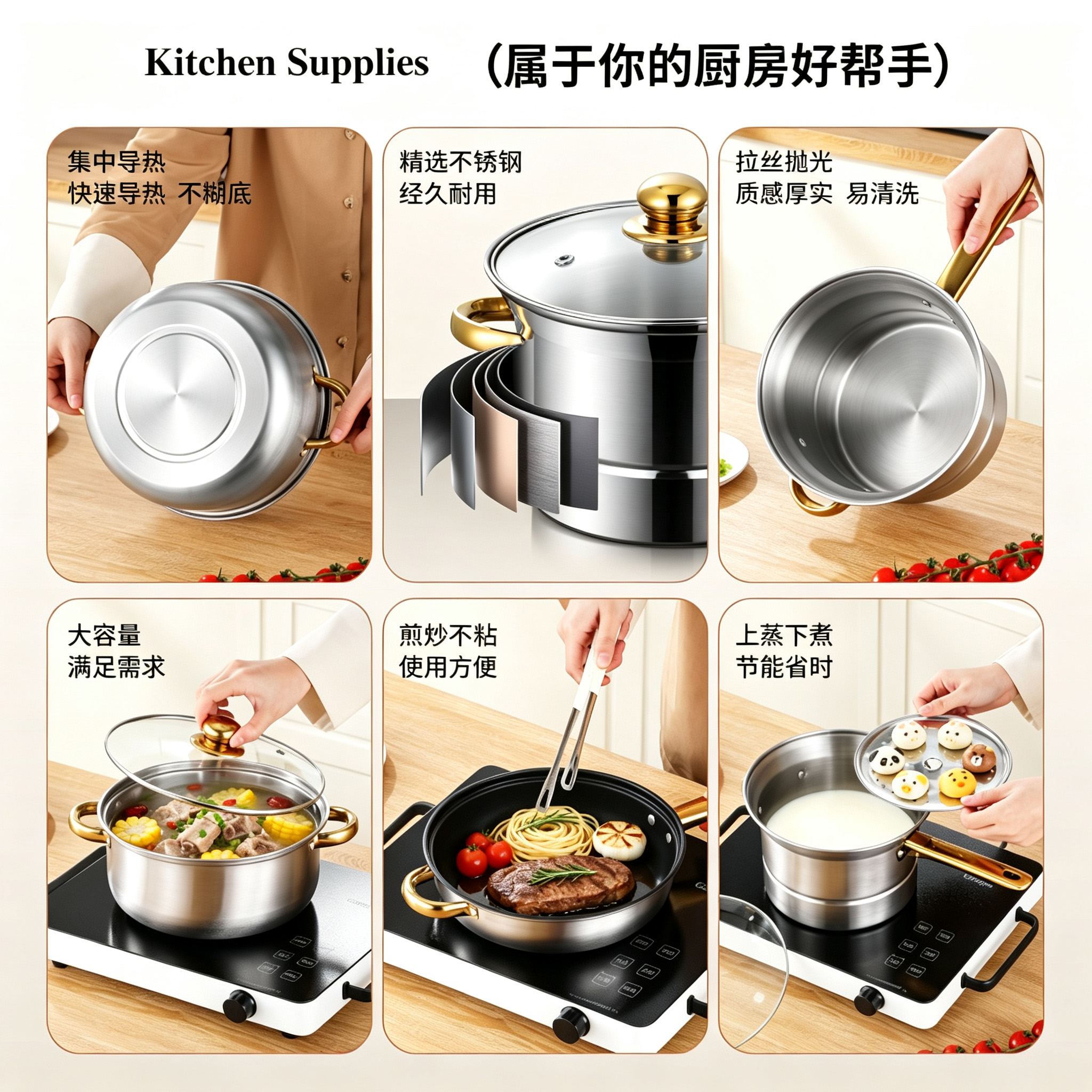 CGUCOOK Cross-border 15-piece stainless steel pot set, household multi-functional frying, stir-frying, deep-frying and soup pot, universal non-stick pan with gold handle stainless steel set Application Scenario