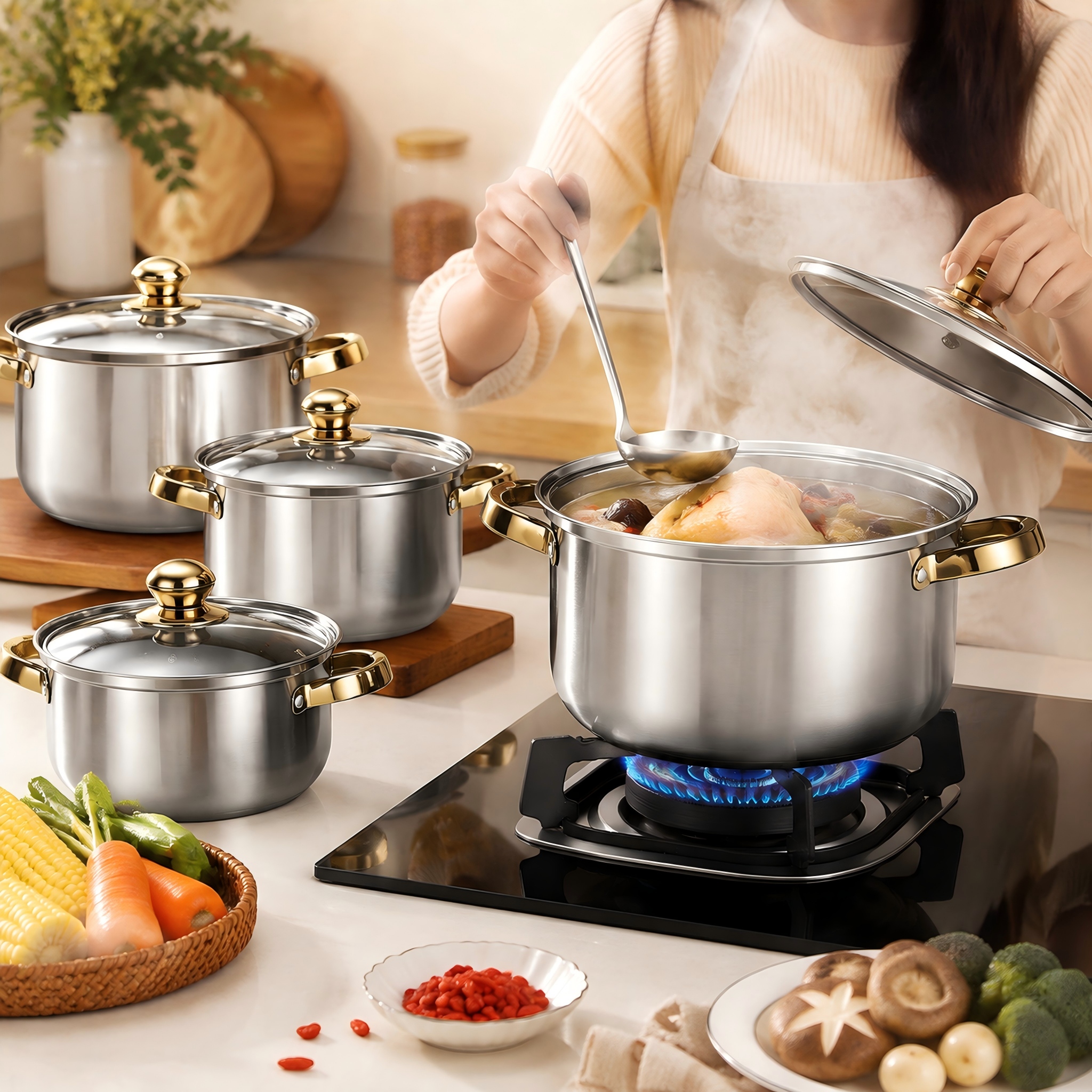 CGUCOOK Cross-border Foreign Trade Stainless Steel Cookware 10-piece Set: Golden double-ear Stainless steel Soup pot, Household kitchen induction cooker Universal set, 16-24cm Application Scenario