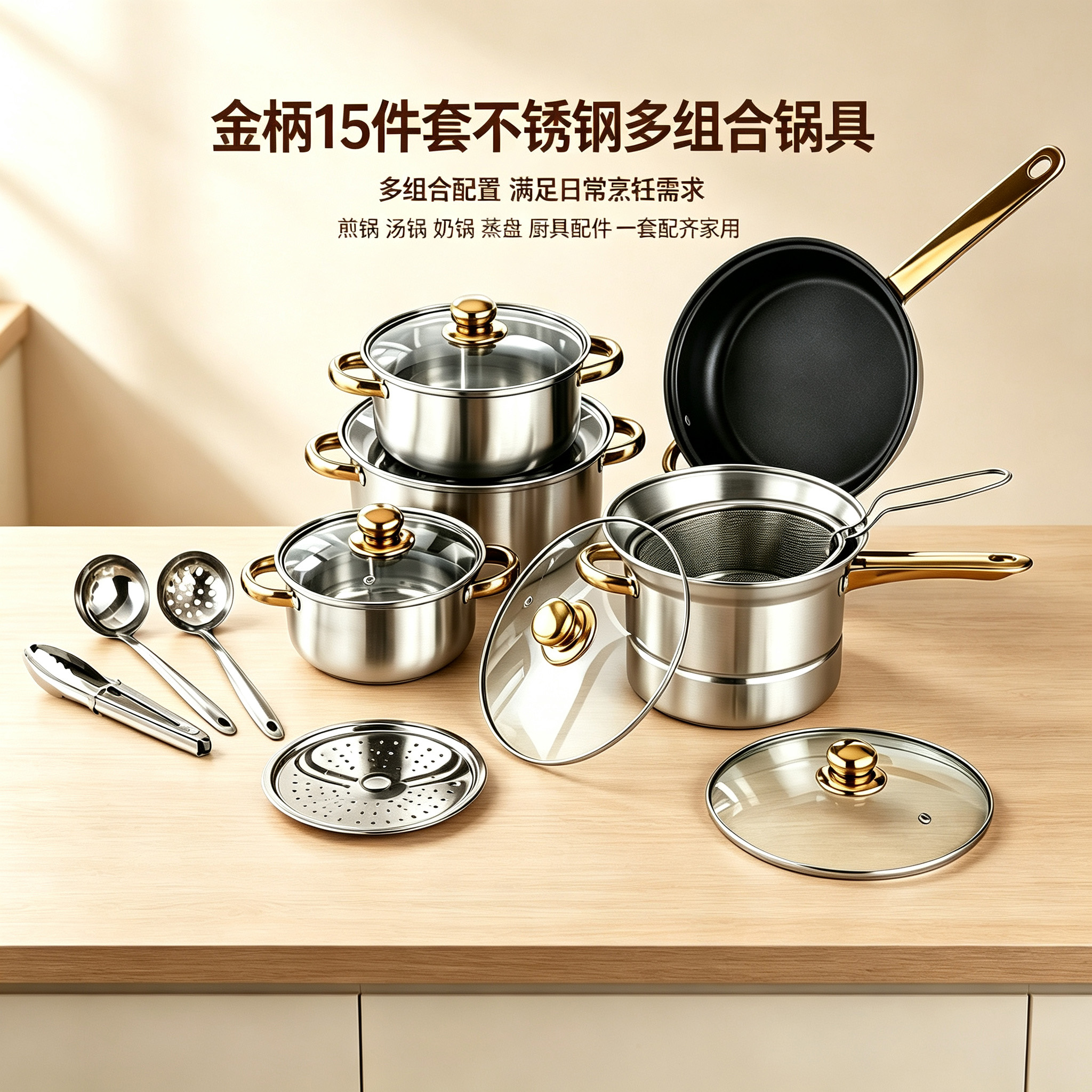 CGUCOOK Cross-border 15-piece stainless steel pot set, household multi-functional frying, stir-frying, deep-frying and soup pot, universal non-stick pan with gold handle stainless steel set CGUCOOK Cross-border 15-piece stainless steel pot set, household multi-functional frying, stir-frying, deep-frying and soup pot, universal non-stick pan with gold handle stainless steel set