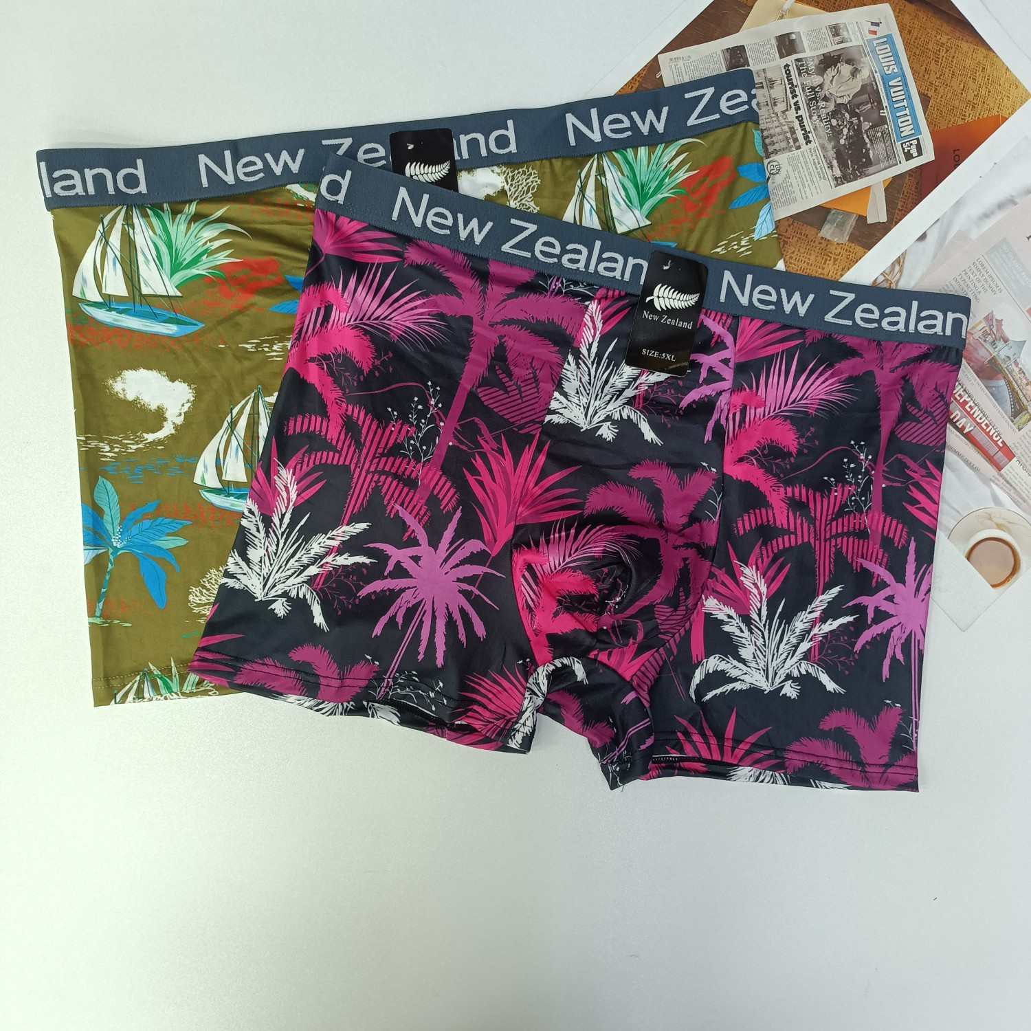 001#New Zealand hombres boxer panty muchos tropical estampado color rico elementos marinos hoja de palma vela coral cómodo transpirable tendencia QNI Specification image