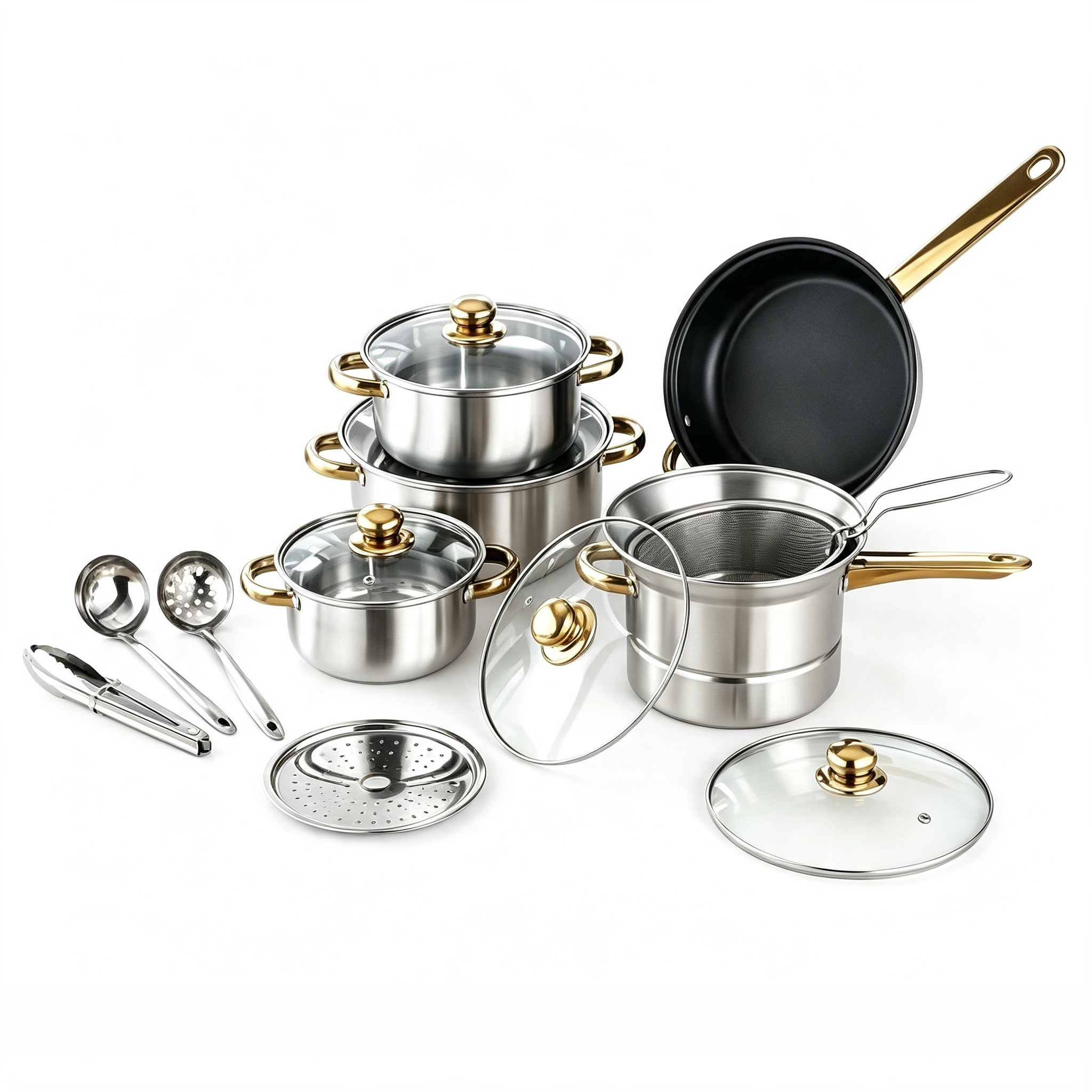 CGUCOOK Cross-border 15-piece stainless steel pot set, household multi-functional frying, stir-frying, deep-frying and soup pot, universal non-stick pan with gold handle stainless steel set Item Picture