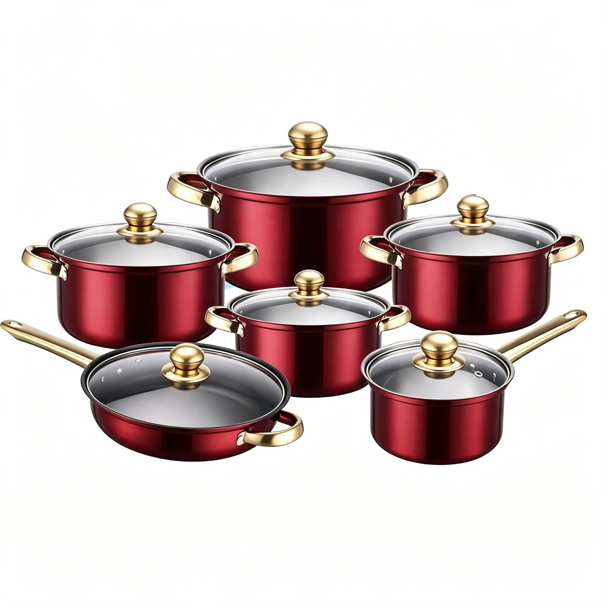CGUCOOK Cross-border Bestseller Multi-functional Set 12-piece stainless steel pot cooking pot, stainless steel milk pot, double-handled soup pot, frying pot, golden handle cookware available in red, blue, pink and orange Item Picture