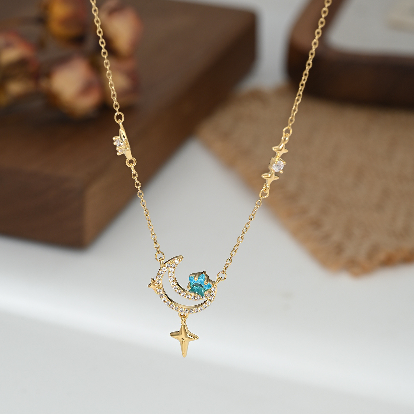 Golden blue stone star and moon necklace, female moon and star pendant collarbone chain, romantic girl decoration necklace details Picture