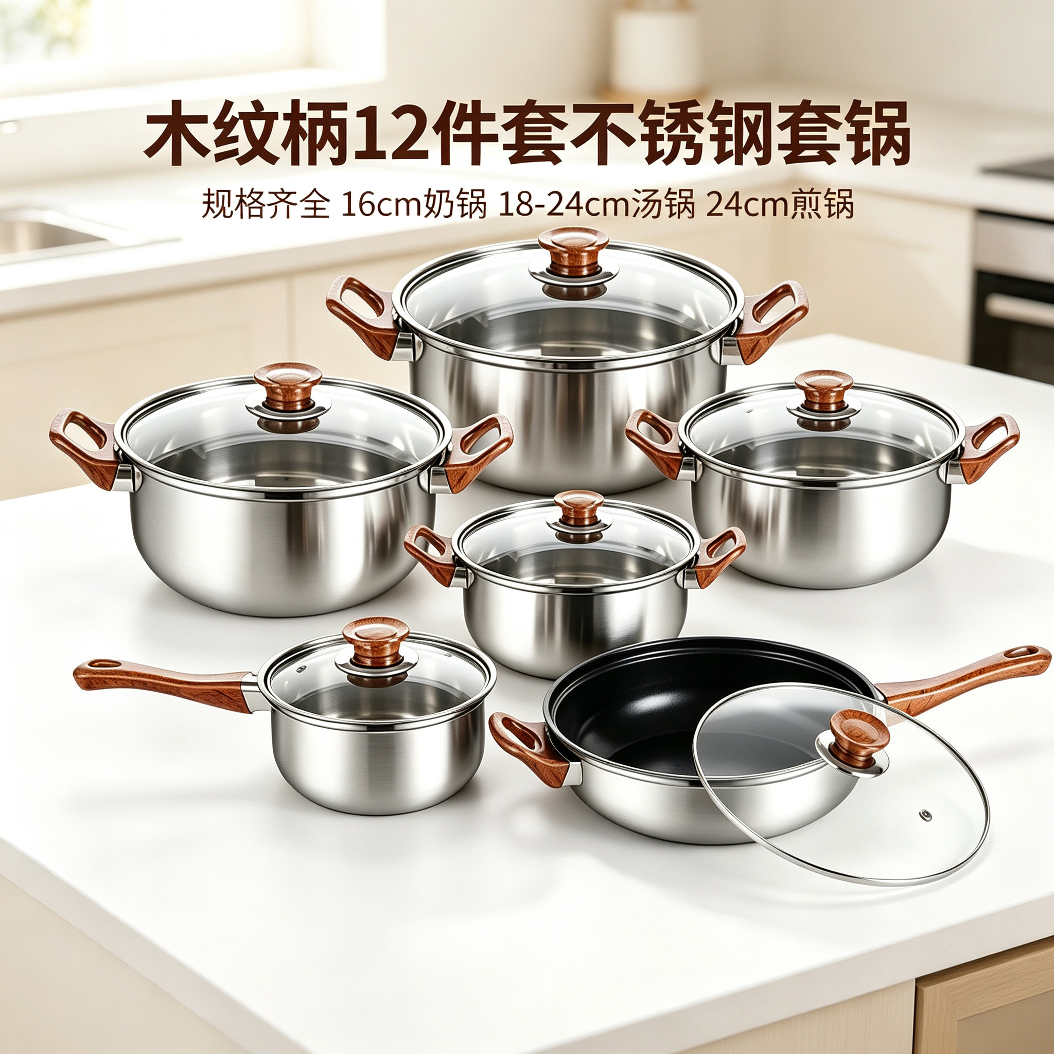CGUCOOK Cross-border Stainless Steel Cookware with wood grain handle 12-piece set, stainless steel pot set, milk pot, soup pot, flat pot, practical household pot