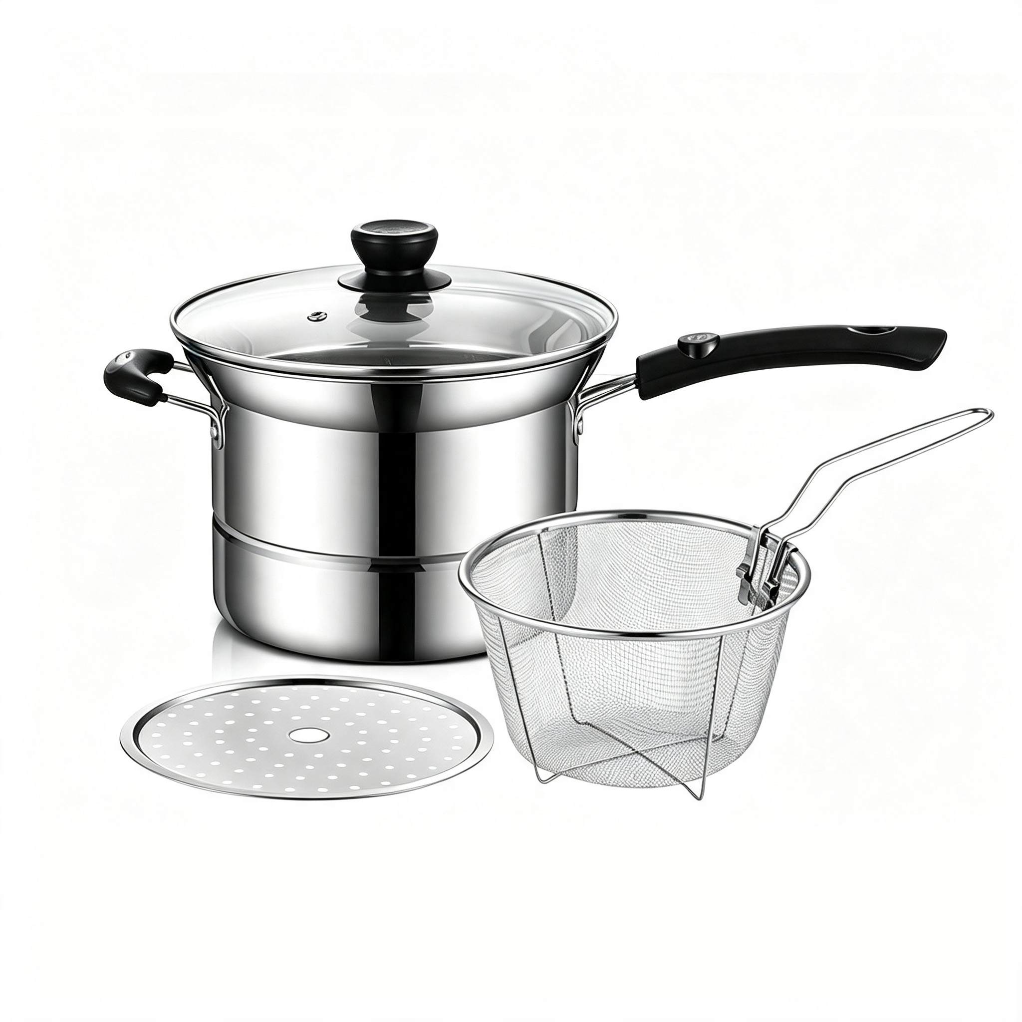 CGUCOOK stainless steel 4-piece cookware set: Soup pot, 22cm noodle pot, steamer, deep fryer, multi-functional cooking pot with frying basket, practical Item Picture