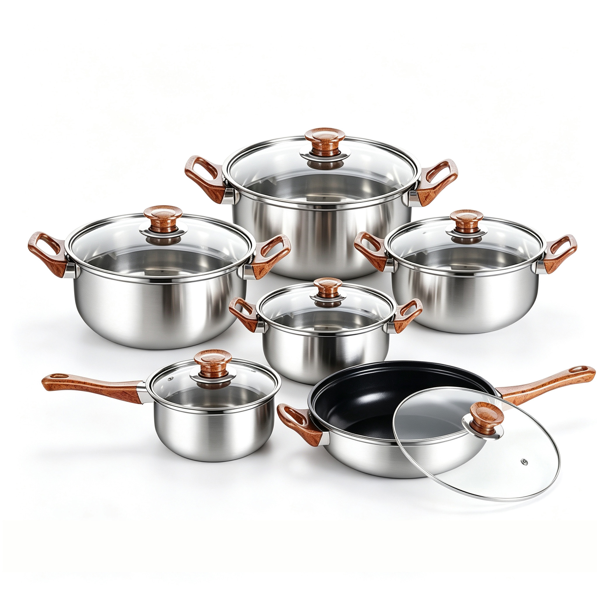 CGUCOOK Cross-border Stainless Steel Cookware with wood grain handle 12-piece set, stainless steel pot set, milk pot, soup pot, flat pot, practical household pot Item Picture