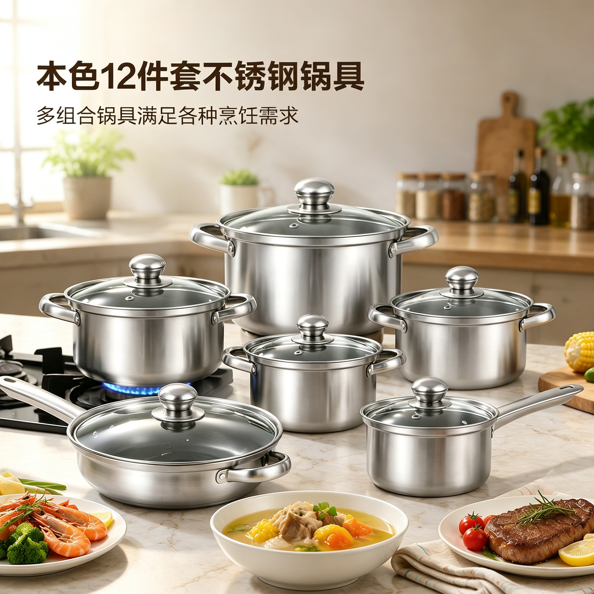 CGUCOOK natural stainless steel cookware 12-piece set, double-ear soup pot, milk pot and frying pot set, multi-functional cookware combination for home use
