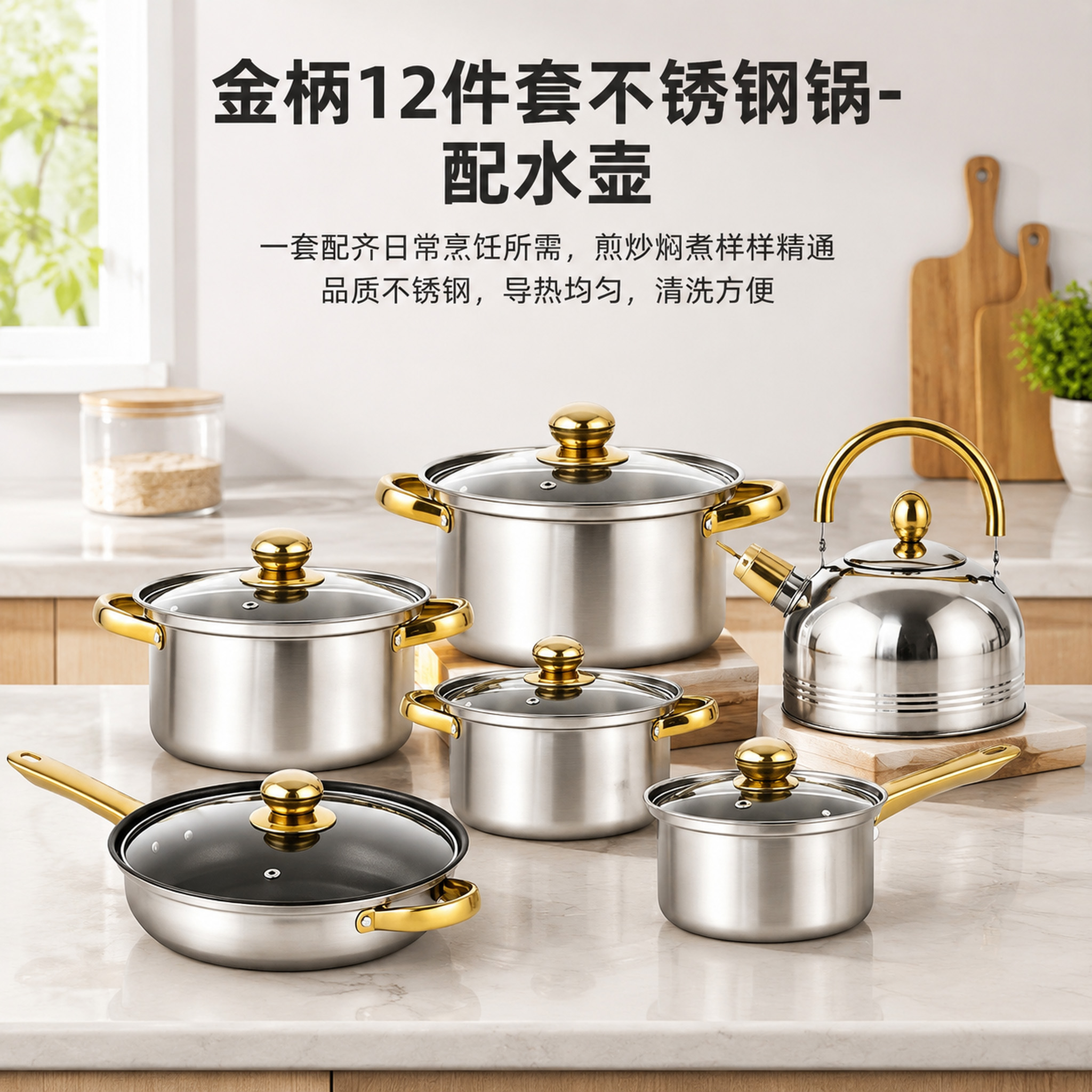 CGUCOOK Cross-border 12-piece stainless steel pot, multi-functional cookware, golden handle, stainless steel single handle milk pot, double-handled soup pot, frying pot, kettle, induction cooker, universal
