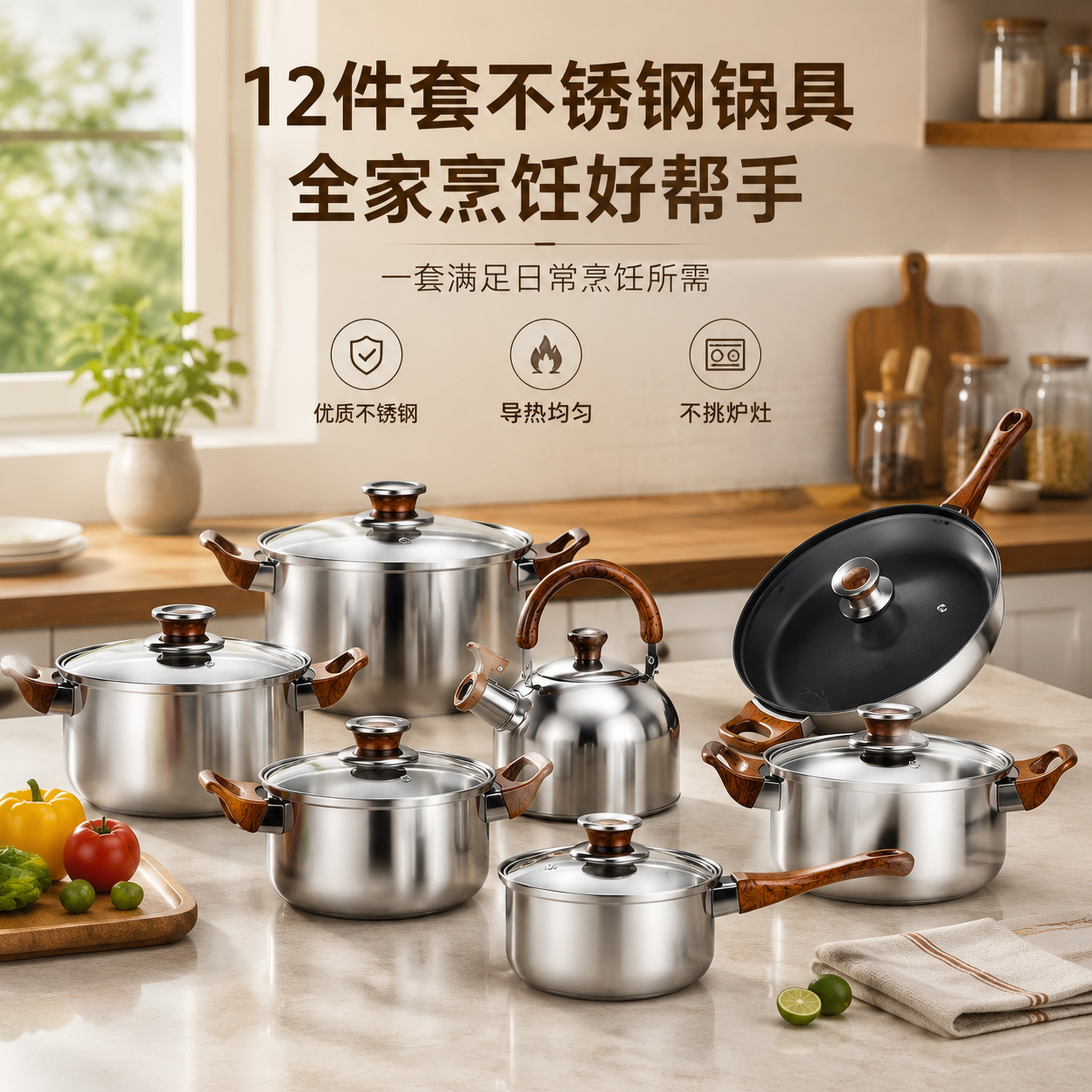 CGUCOOK's best-selling stainless steel cookware set for foreign trade, 12-piece set with wood-grain handles, combination pot, kettle, milk pot, soup pot, non-stick frying pan details Picture