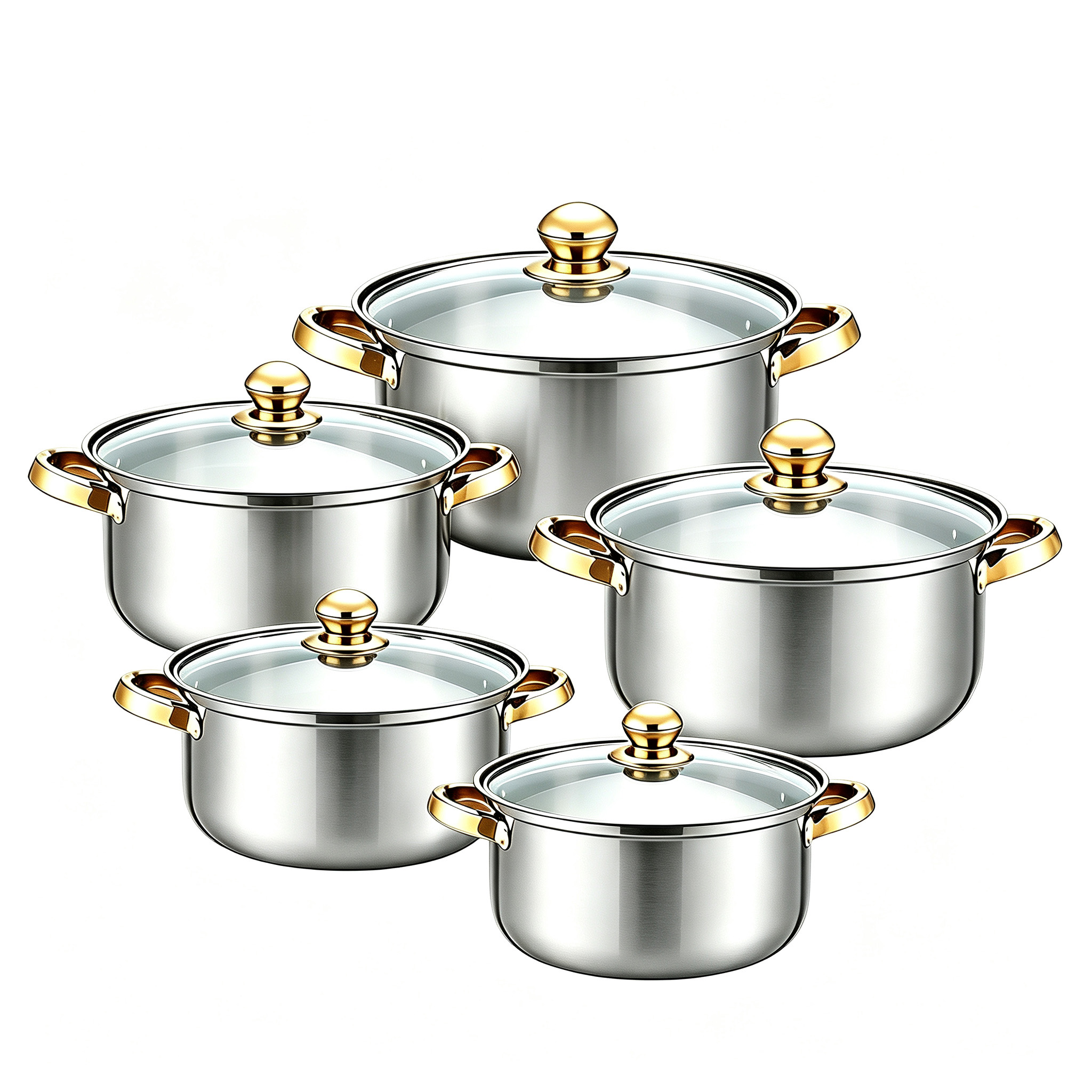 CGUCOOK Cross-border Foreign Trade Stainless Steel Cookware 10-piece Set: Golden double-ear Stainless steel Soup pot, Household kitchen induction cooker Universal set, 16-24cm Item Picture