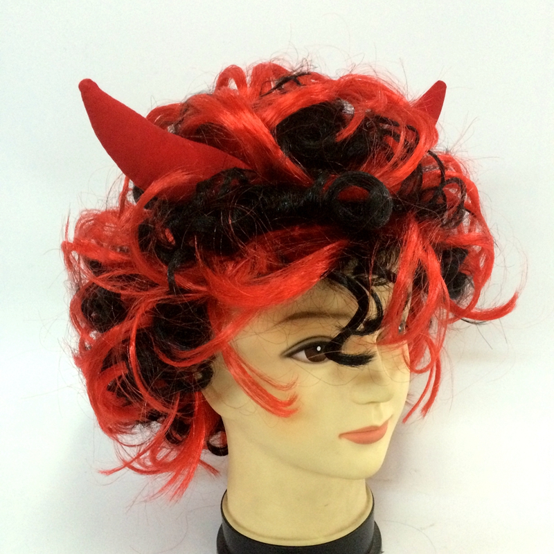 Yiwu qianfang toy house hairset halloween rojo negro cuerno de toro peluca de rizo corto Specification image