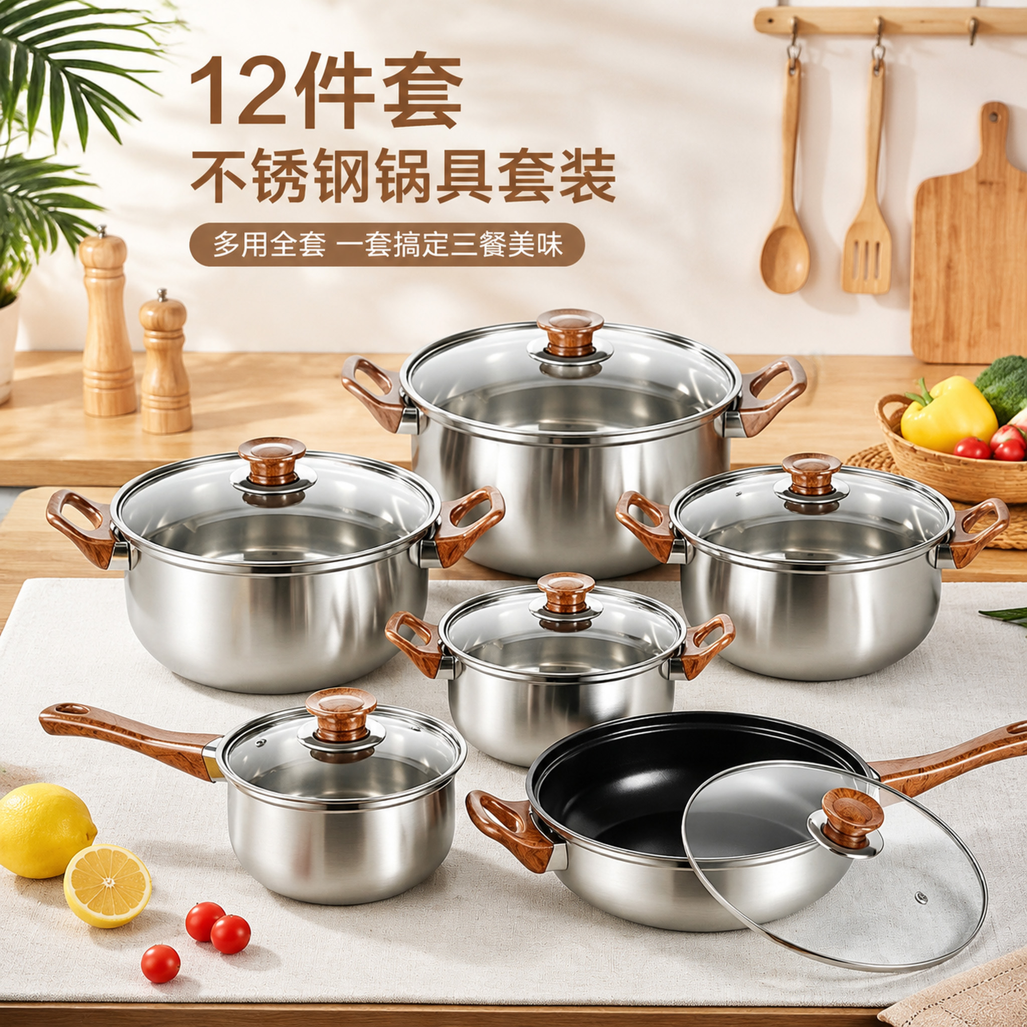 CGUCOOK Cross-border Stainless Steel Cookware with wood grain handle 12-piece set, stainless steel pot set, milk pot, soup pot, flat pot, practical household pot details Picture