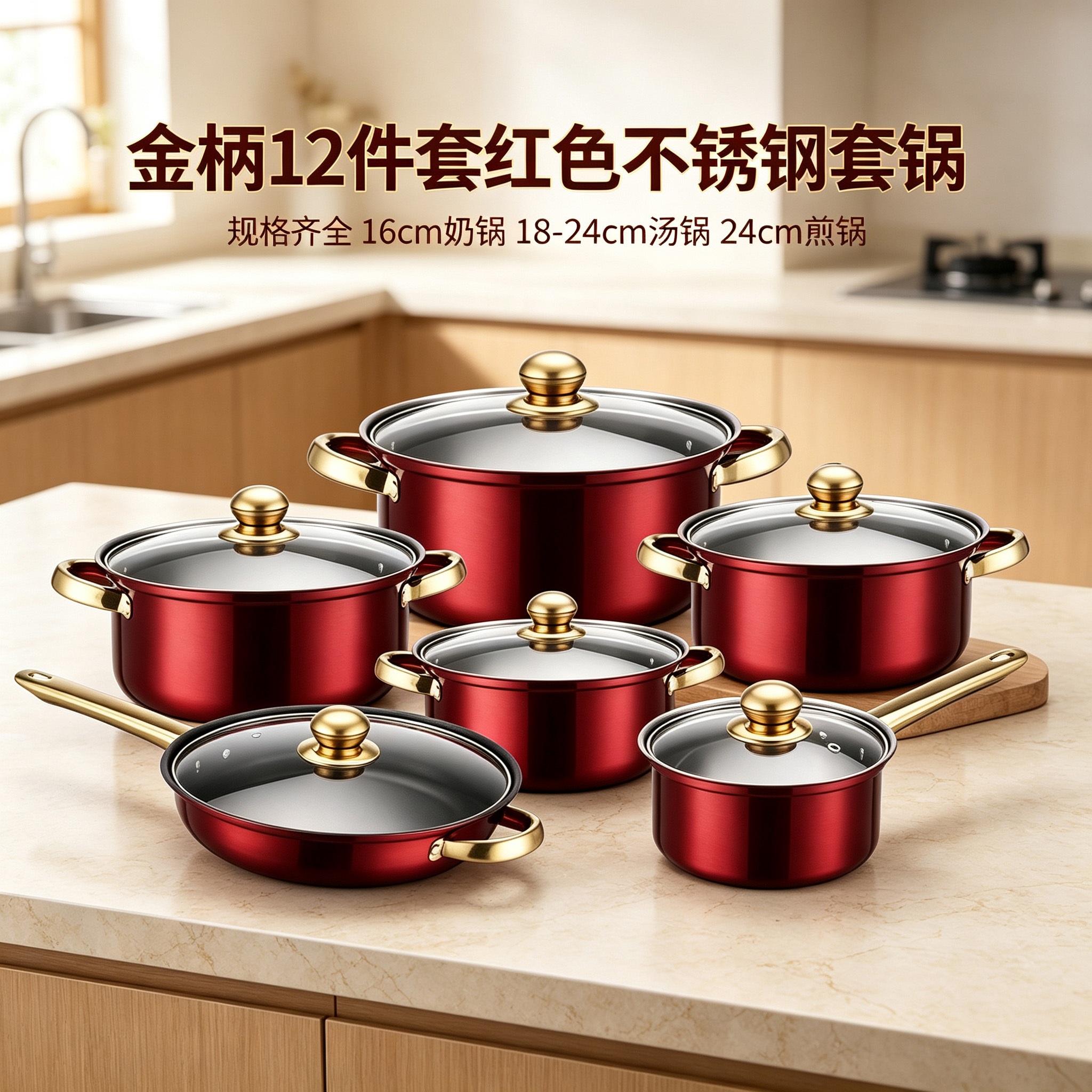 CGUCOOK Cross-border Bestseller Multi-functional Set 12-piece stainless steel pot cooking pot, stainless steel milk pot, double-handled soup pot, frying pot, golden handle cookware available in red, blue, pink and orange