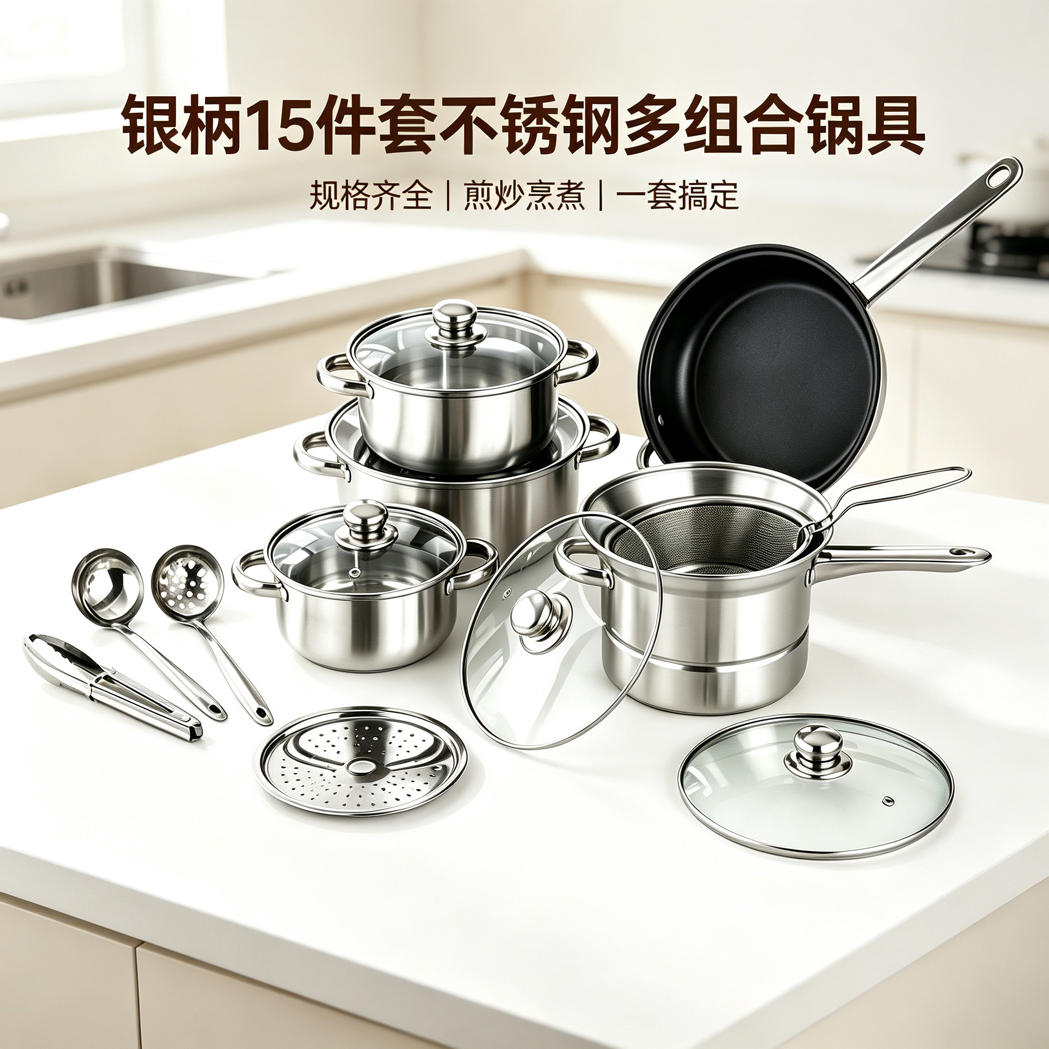 CGUCOOK Cross-border 15-piece stainless steel pot set, household multi-functional frying, stir-frying, deep-frying and soup pot, universal non-stick pan with silver handle stainless steel set