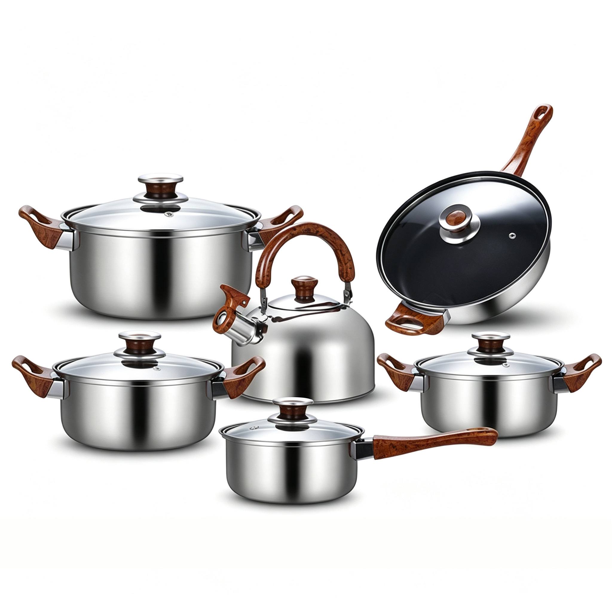 CGUCOOK's best-selling stainless steel cookware set for foreign trade, 12-piece set with wood-grain handles, combination pot, kettle, milk pot, soup pot, non-stick frying pan Item Picture