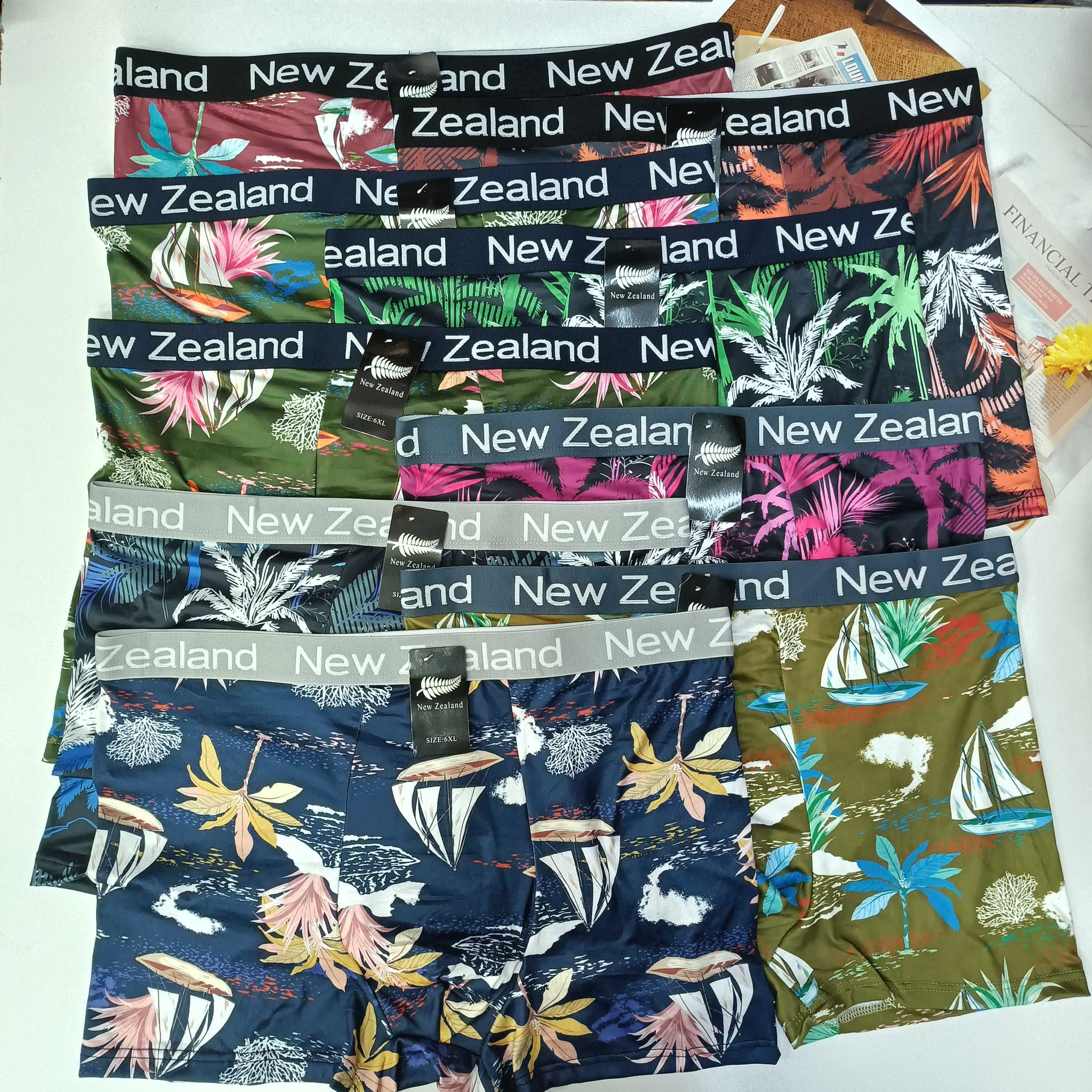 001#New Zealand hombres boxer panty muchos tropical estampado color rico elementos marinos hoja de palma vela coral cómodo transpirable tendencia QNI