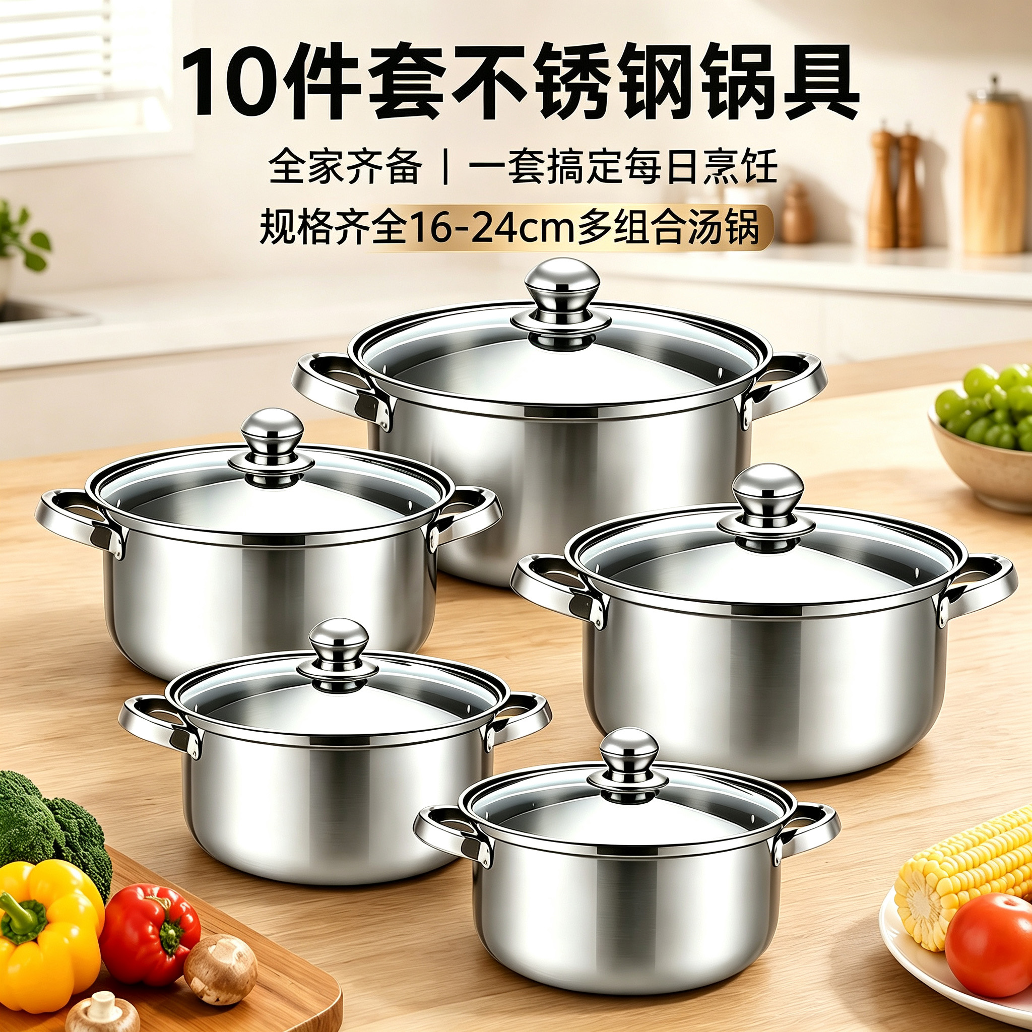 CGUCOOK Cross-border Foreign Trade Stainless Steel Cookware 10-piece Set, Silver double-ear stainless steel soup pot, household kitchen induction cooker universal set, 16-24cm