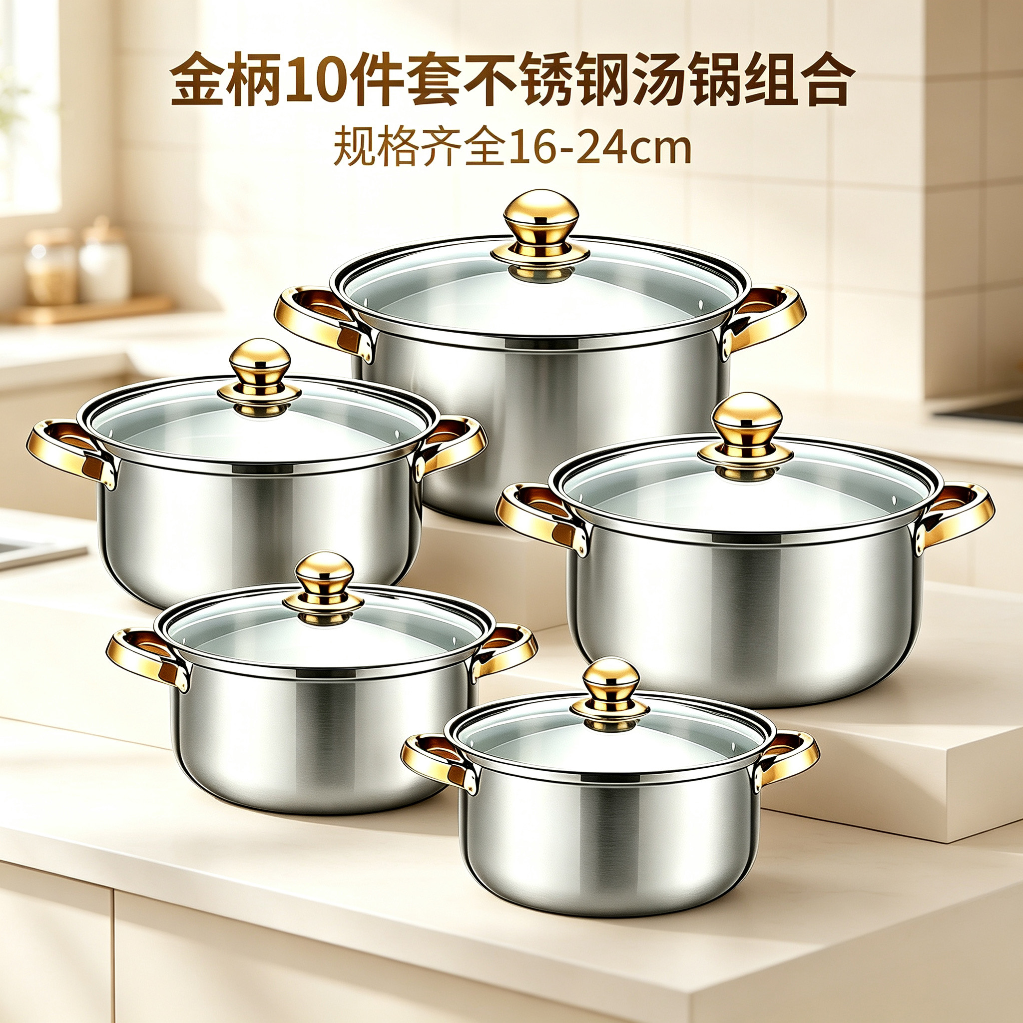 CGUCOOK Cross-border Foreign Trade Stainless Steel Cookware 10-piece Set: Golden double-ear Stainless steel Soup pot, Household kitchen induction cooker Universal set, 16-24cm CGUCOOK Cross-border Foreign Trade Stainless Steel Cookware 10-piece Set: Golden double-ear Stainless steel Soup pot, Household kitchen induction cooker Universal set, 16-24cm