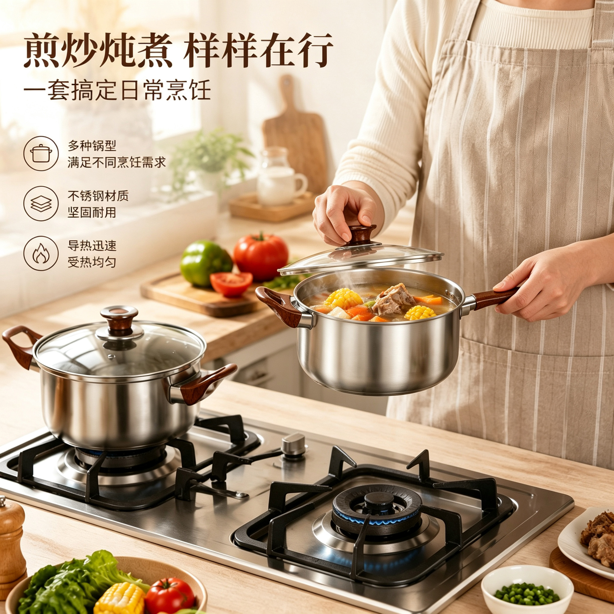 CGUCOOK's best-selling stainless steel cookware set for foreign trade, 12-piece set with wood-grain handles, combination pot, kettle, milk pot, soup pot, non-stick frying pan Specification image