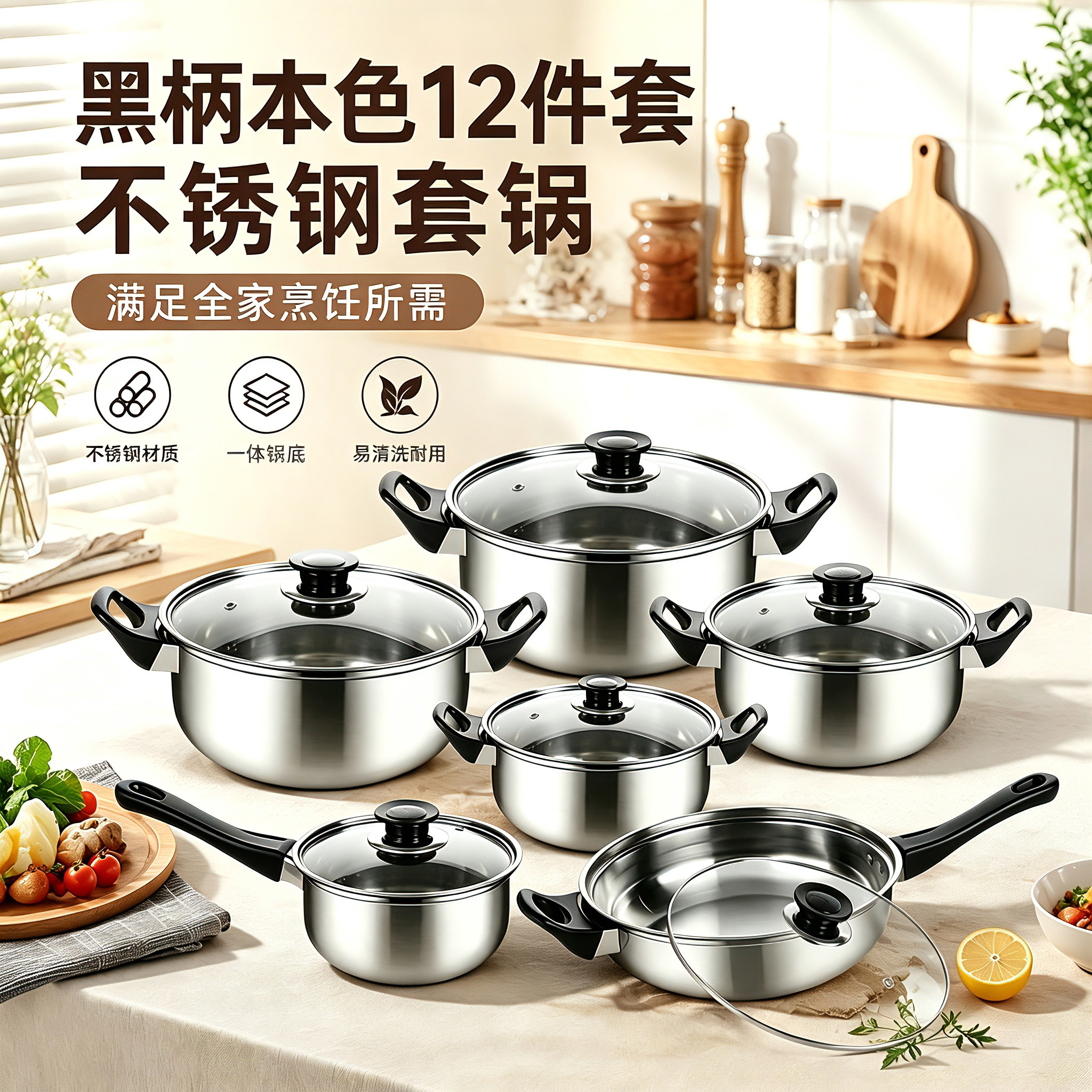 CGUCOOK跨境不锈钢锅具黑柄12件套不锈钢套锅奶锅汤锅平底锅家庭实用锅详情1