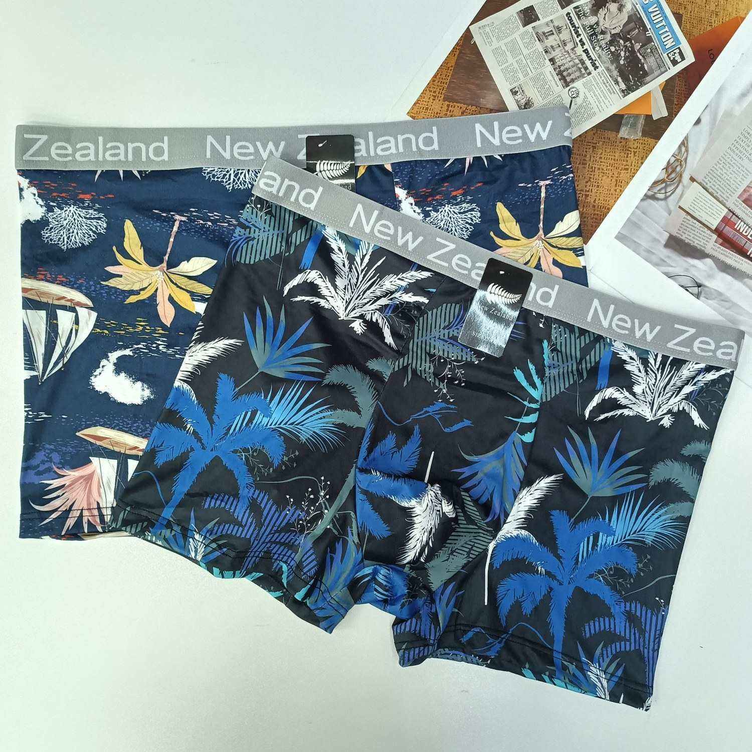 001#New Zealand hombres boxer panty muchos tropical estampado color rico elementos marinos hoja de palma vela coral cómodo transpirable tendencia QNI Application Scenario