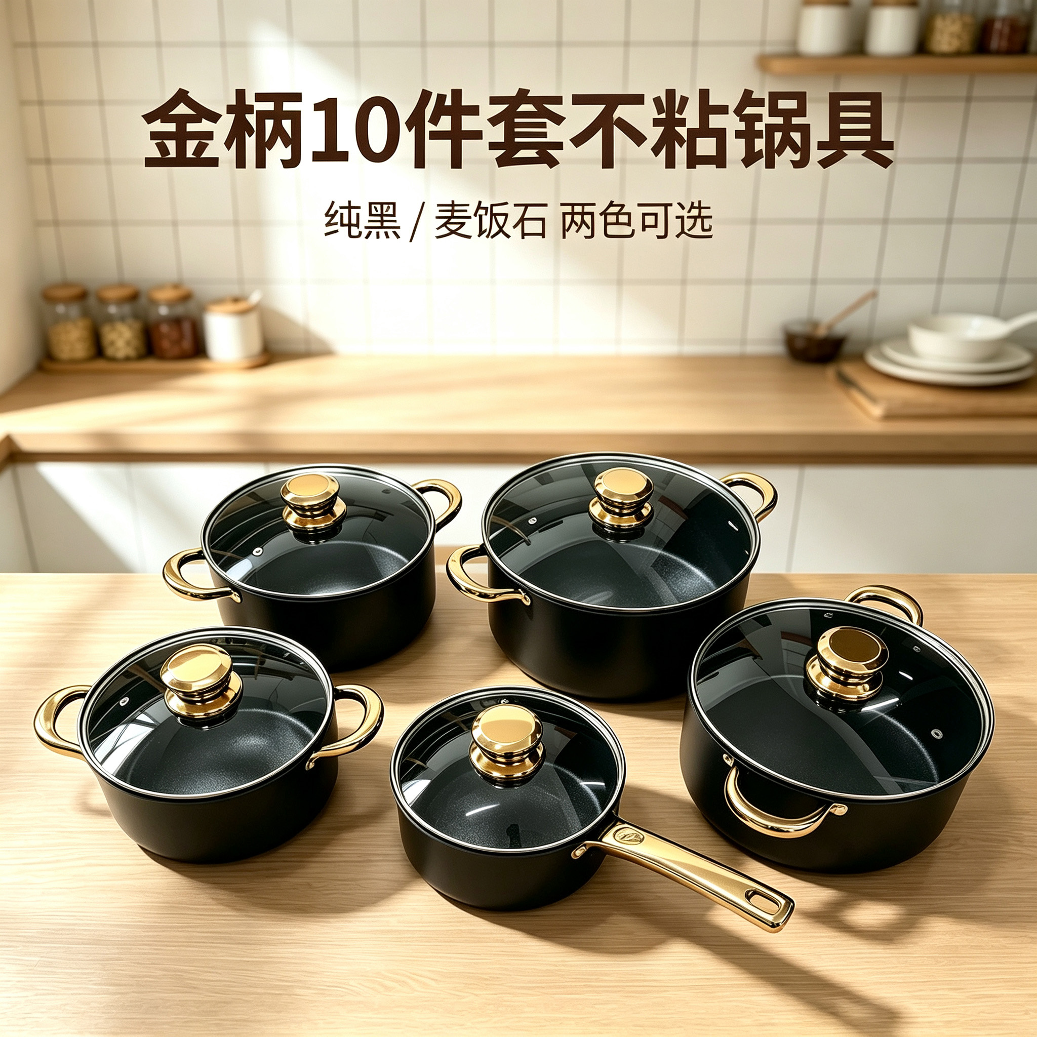 CGUCOOK跨境批发金柄10件套不粘套锅麦饭石不粘锅奶锅纯黑汤锅家用锅具套装电磁炉通用18-26cm详情1