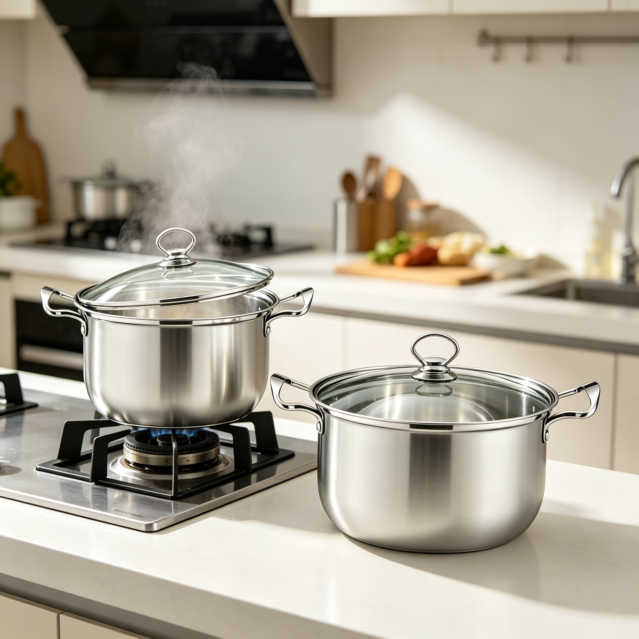 CGUCOOK Cross-border export silver-handled stainless steel 10-piece soup pot set, natural color set pot, multi-specification soup pot, 16-24cm household pot Application Scenario