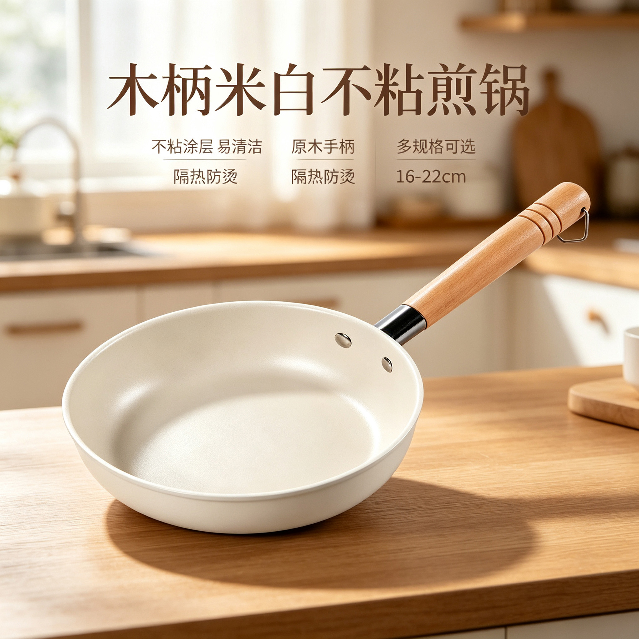 CGUCOOK Mai Fan stone non-stick pan, wooden handle, off-white frying pan, flat frying pan, egg frying magic tool, carbon steel steak frying plate, suitable for household use