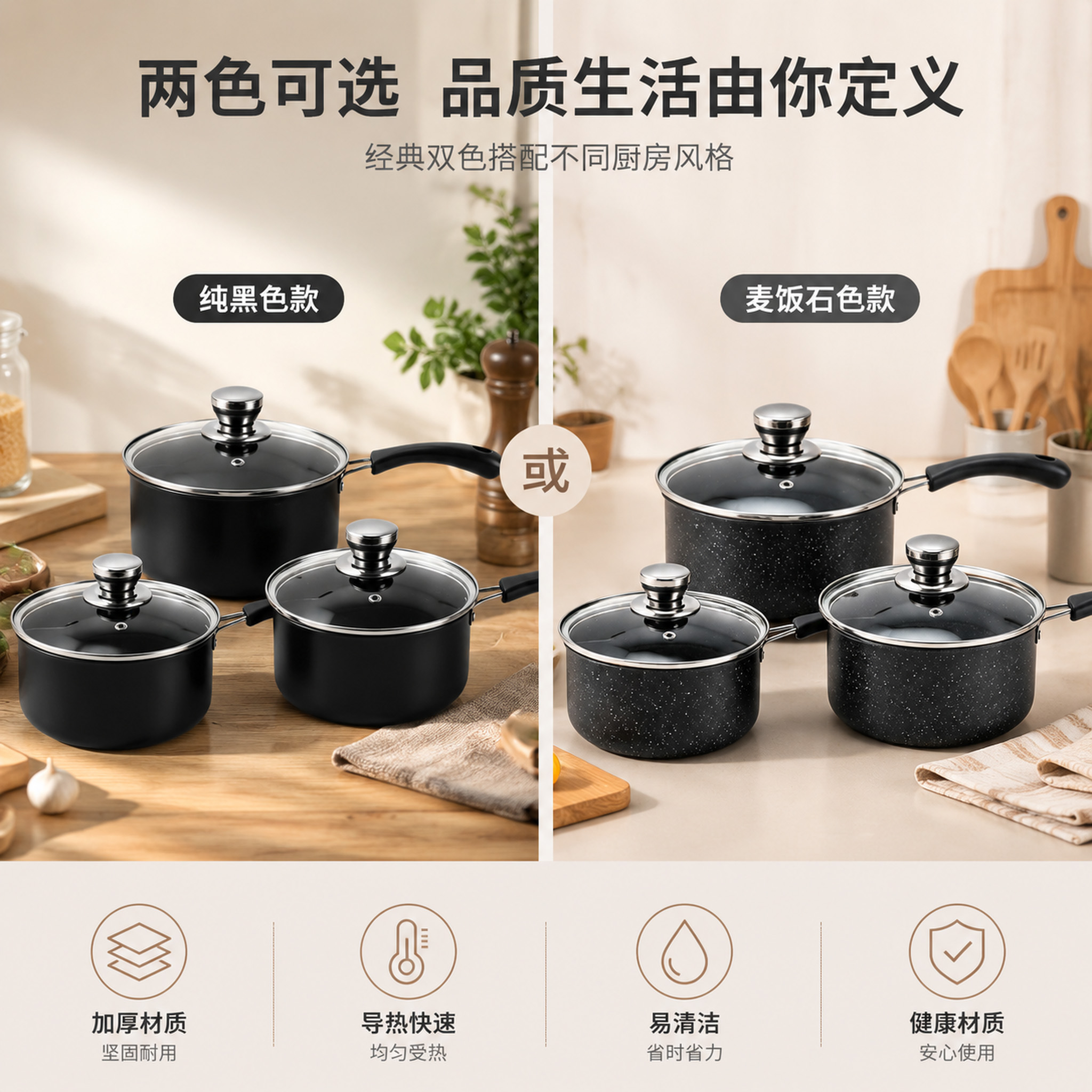CGUCOOK Black Non-stick Milk Pot 6-piece set, tourmaline non-stick pot, Pure Black small milk pot, baby food pot, multi-functional household hot milk pot, 14-18cm details Picture